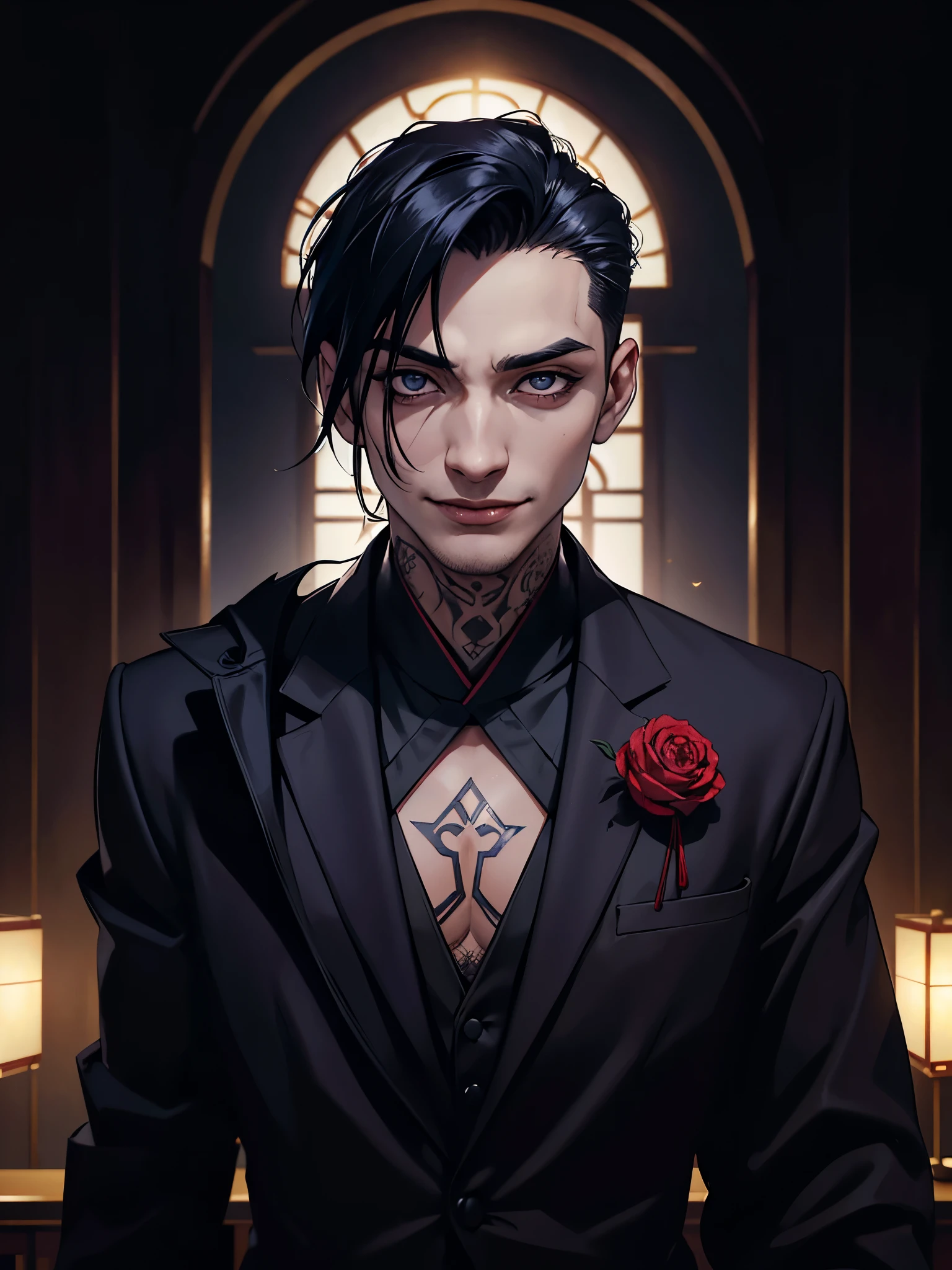 "(fechar potrait), tema sombrio, estilo moderno, (((1 homem de 30 anos))) wearing a black suit and black dress pants, atletico forte, with a serious expression, ((careca)), corpo. A cena se passa em uma biblioteca modernaa noite, com muitos livros em estantes, emphasizing pale skin and bright yellow eyes."