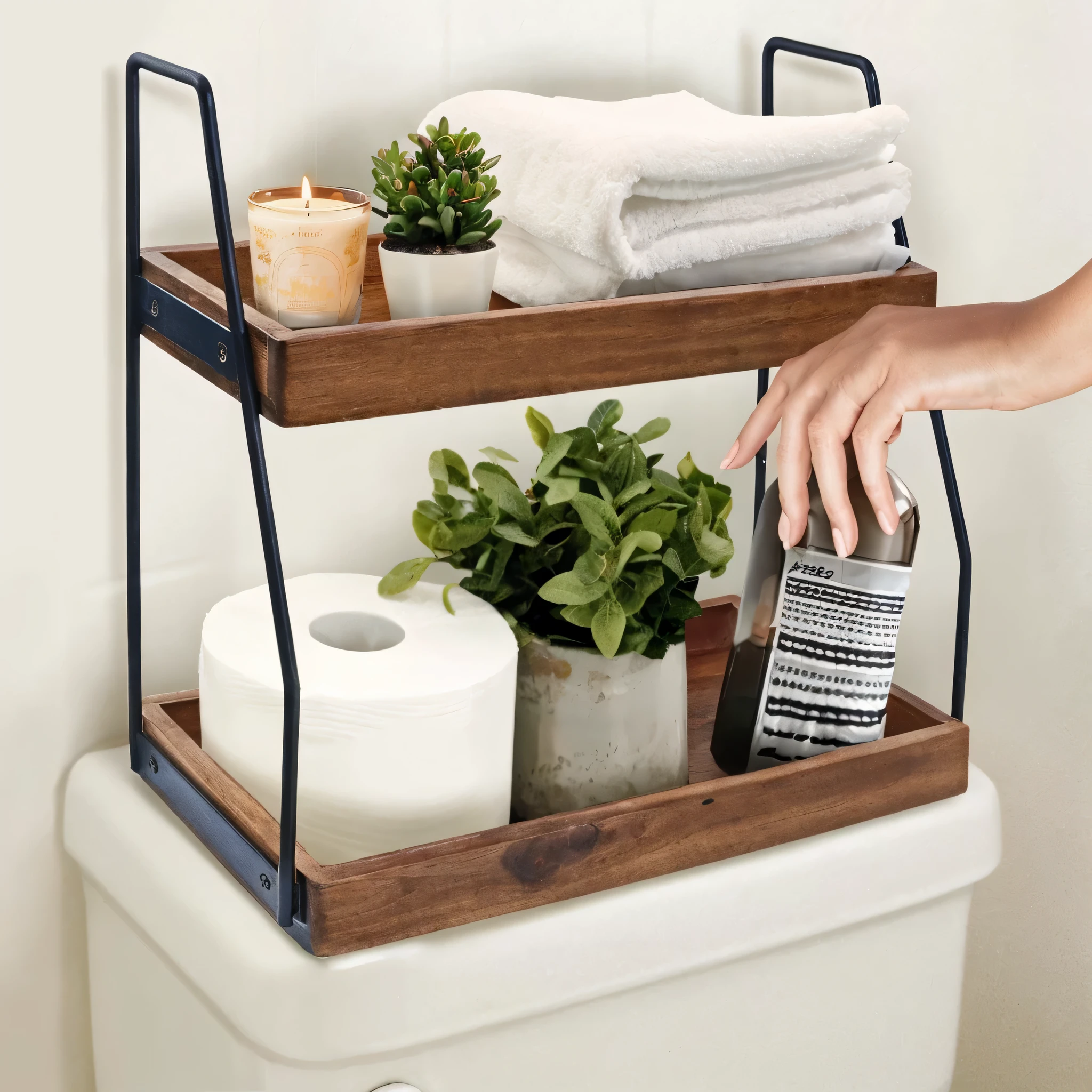someone is putting a towel on a shelf above a toilet, shelf, bottom angle, carrying a tray, simple wood shelves, gorgeous features, product introduction photo, designed for cozy aesthetics!, perfect detail, on a wooden tray, incredible quality, wonderful details, scenic full shot, two, layered, angled, alter, shelves, high details!, rustic, stunning visual, crisp details,
toilet paper