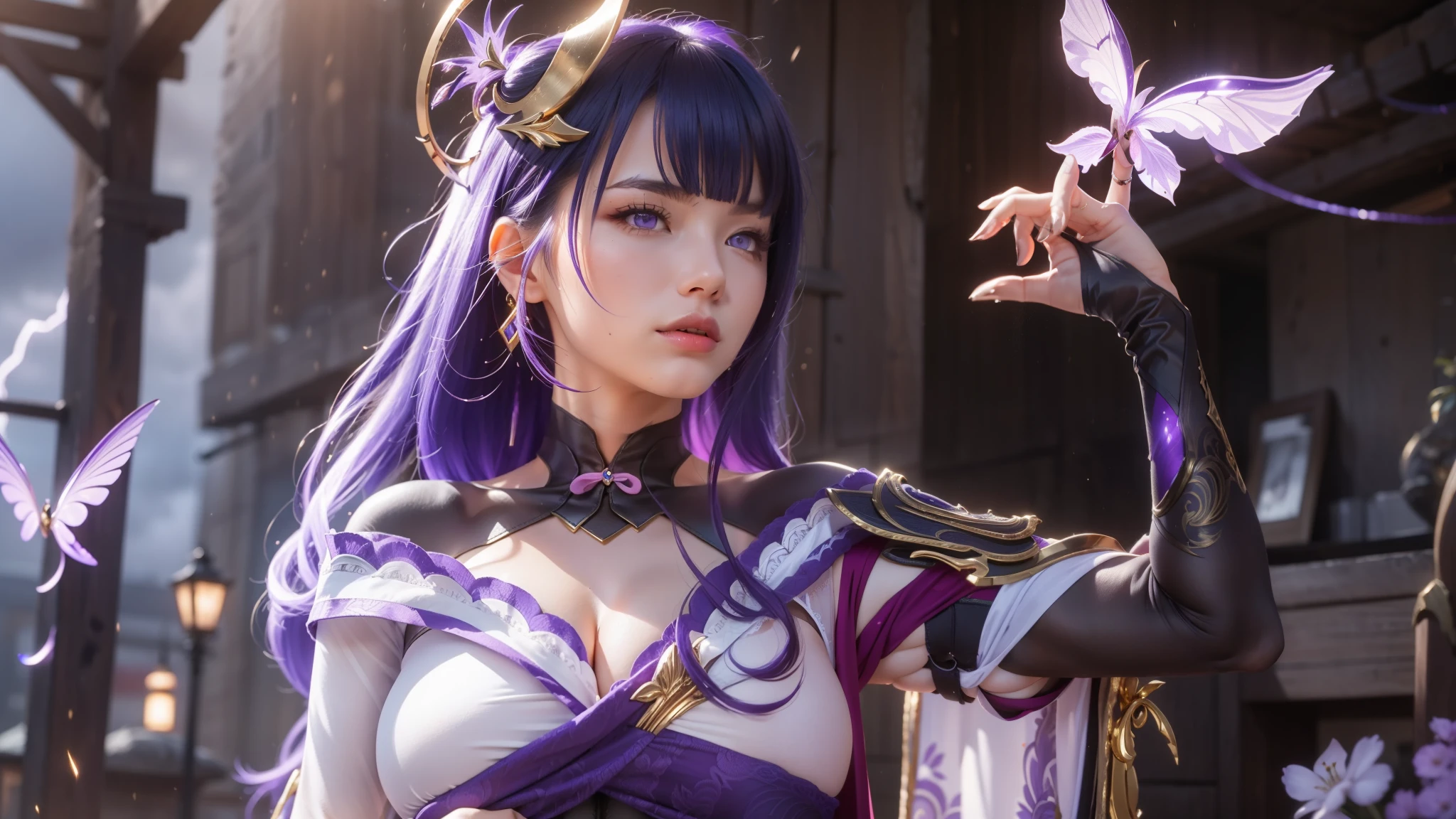 (ultra realistic photo, 8k uhd, full of details in clothes and face, masterpiece, girl goddess of beauty). Shogun Raider from Genshin Impact is a sexy woman with long, flowing purple hair, who wears a highly detailed sexy lingerie, she wears a jewel on the side of her head adorned with gold details and a gem in the center. - She wears a purple and pink outfit with gold details, with ornate designs in gold. The upper part of the armor is tight to the body, highlighting its curves. (she has long breasts, huge and perfect breasts emerging from her sexy, erotic cleavage, sharp pointed BREASTS), ((transparent micro panties showing pussy, perfect pussy)), defined body, body with curves, big perky ass, pussy showing, His arms are covered in armored gloves that have similar designs in gold and are attached to his upper arm by straps. - A piece of cloth flows from his waist, complementing the armor look. - Her face is very beautiful, she has light pink eyes and a serious expression. - In the background, there is a dramatic sky full of dark clouds and lightning lighting the scene. A full moon is also visible between the clouds.