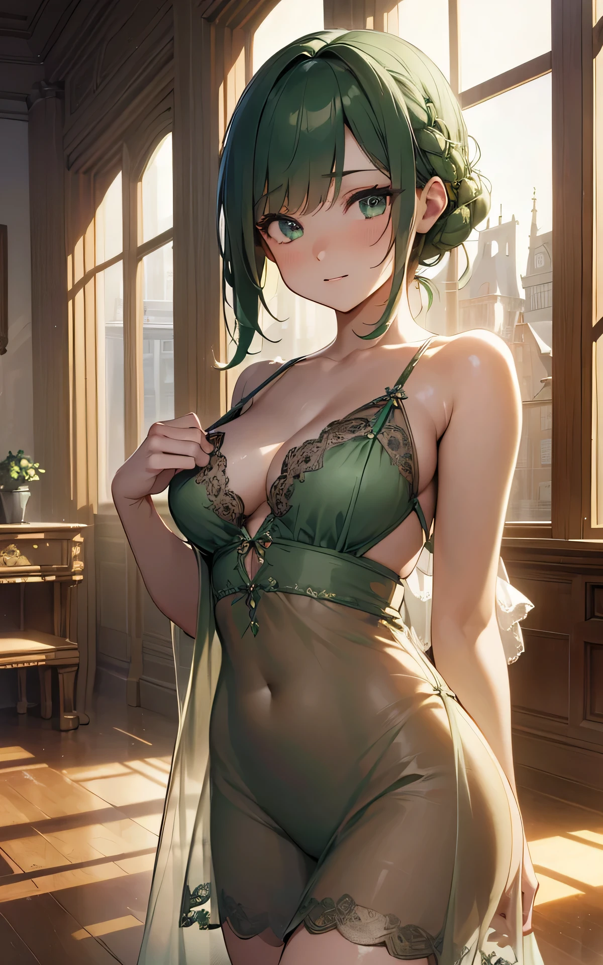 (Unity 16K Wallpaper, Masterpiece, Best Quality, Ultra Detailed, Extremely Detailed CG, Ultra High Resolution, Caustics, Detailed, Beautiful Detailed Eyes, solo, curby:1.3, negligee, dutch angle), fine skin, green hair, french braid
