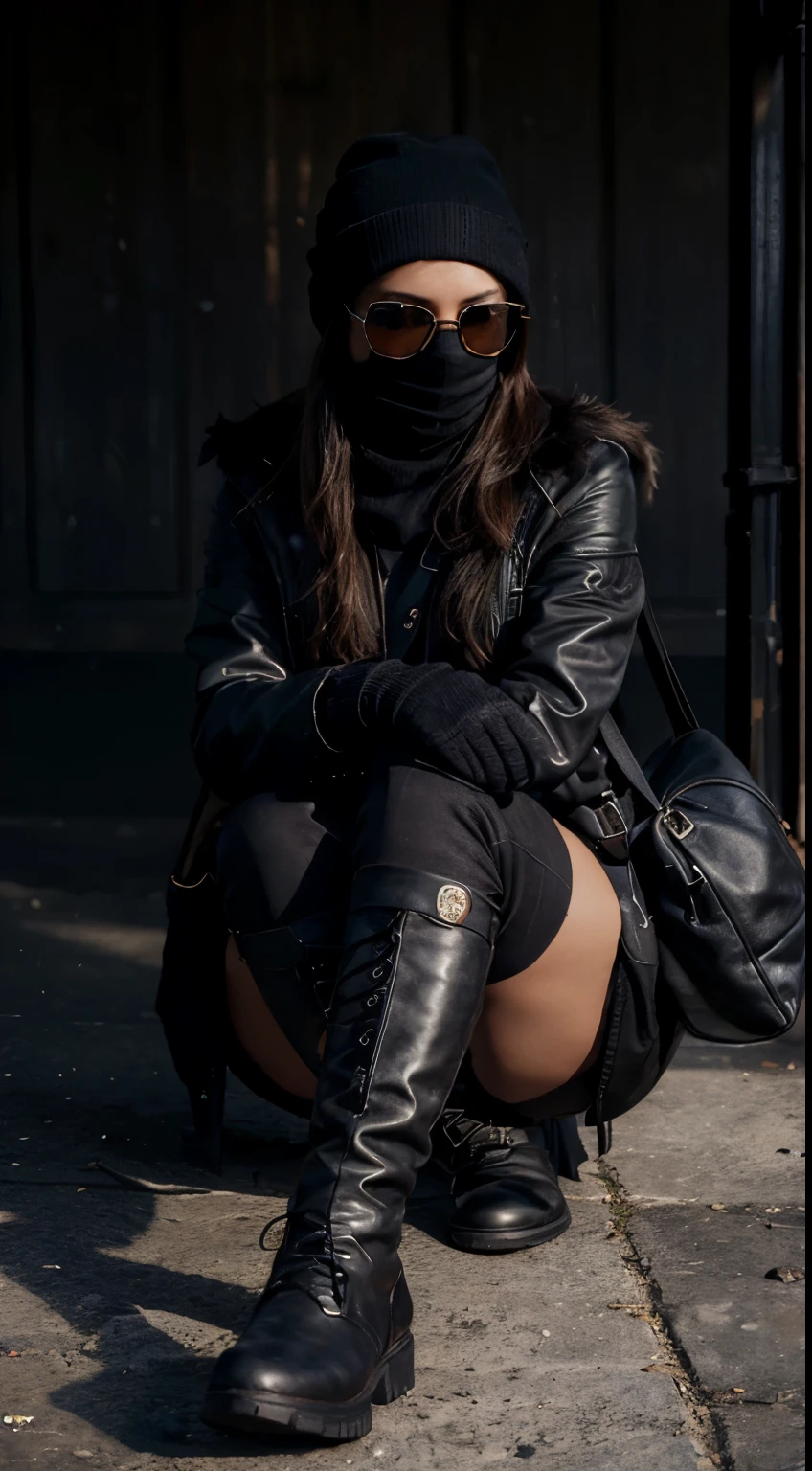 photo realistic, 1 beautiful lady, solo, wearing dark color clothing, balaclava, black gloves, black boots, sun glasses, A dark-colored hat such as a fedora or beanie, black duffle bag, volumetric light, 8k, masterpiece, intricately detailed,