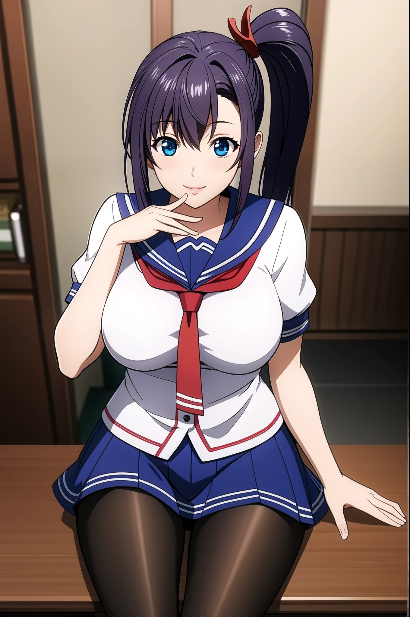 perfect eyes:1.2, detailed eyes:1.4, Blue sailor collar, school uniform, skindentation, cowboy shot, pantyhose, serafuku, short sleeves, Red neckerchief, White shirt, Blue eyes, Purple hair, bangs, side ponytail, Hair ornament, 20yo, Young female, Beautiful Finger, Beautiful long legs, Beautiful body, Beautiful Nose, Beautiful character design, perfect balance, smile, 1girl, solo, (masterpiece:1.6, best quality), 8k, insane details, intricate details, hyperdetailed, hyper quality, high detail, ultra detailed, professional, HDR, ray tracing reflection, cinematic lighting,