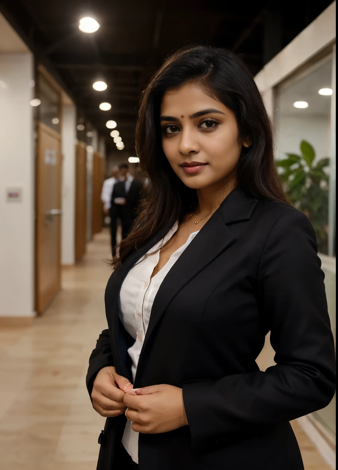 (fair skin), (wearing professional coat), (best quality,hd,portrait:1.2),Detailed photograph of a south indian business woman, wheatish skin, smart, ultra-detailed, professional,focused, straight, looking at camera, black background, neet hairstyle, office environment