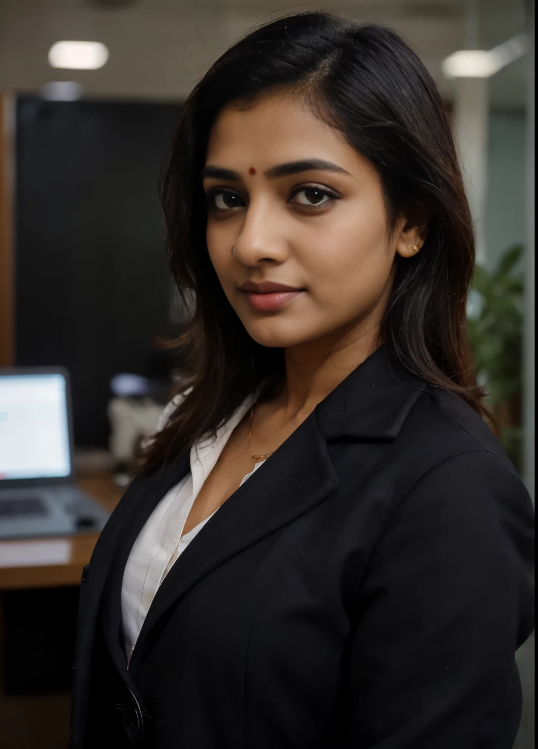 (fair skin), (wearing professional coat), (best quality,hd,portrait:1.2),Detailed photograph of a south indian business woman, wheatish skin, smart, ultra-detailed, professional,focused, straight, looking at camera, black background, neet hairstyle, office environment