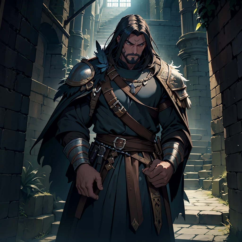 ​masterpiece, Best Quality, detailed, Cinematics, 4k, Background with: dark night medieval dungeon stairs, A masterpiece of a man dressed as an assassin made of feathers, Best Quality, detailed, Cinematics, 4k, Background with: dark night medieval dungeon stairs, Man wearing medieval warrior costume made of feathers