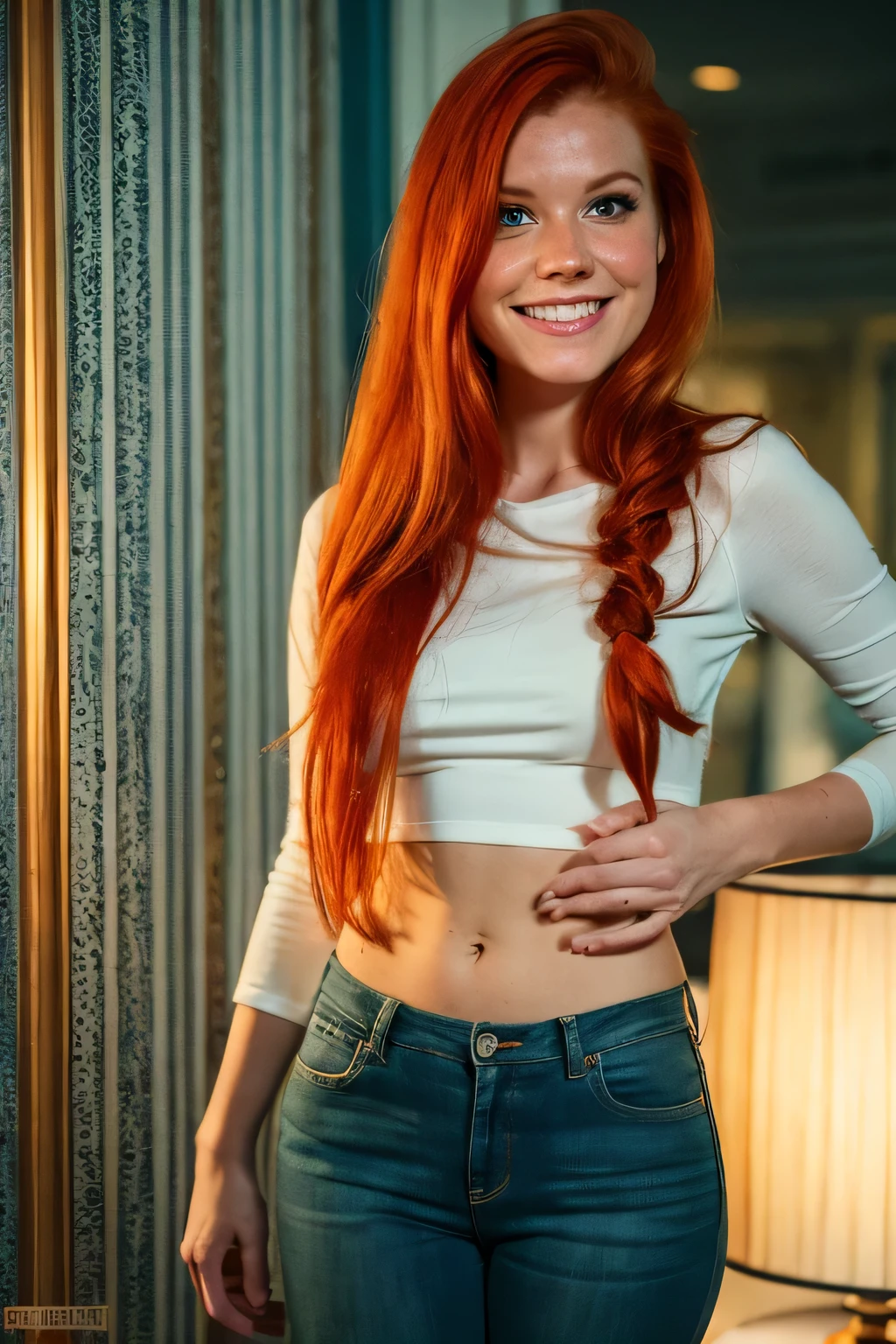 25 year old, nude, dominatrix, knee high boots, cutie, thin, short, perky breasts, redhead, high ponytail, full bush, hairy pussy, pubic hair, in dungeon, freckles, focus on eyes, bending over