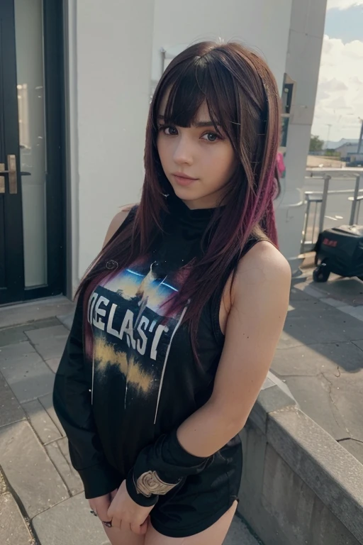 Valle stardew, girl with purple hair, pink t-shirt, Red skirt, purple boots