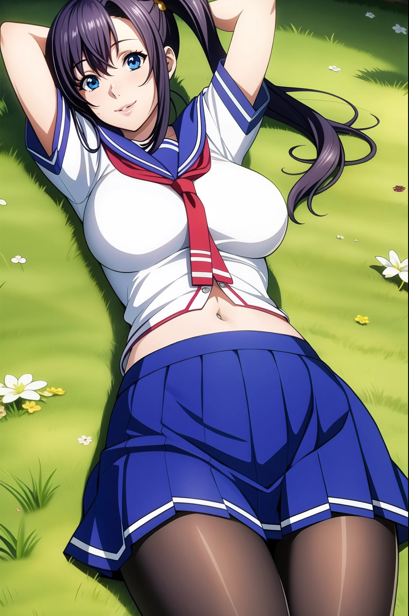 perfect eyes:1.2, detailed eyes:1.4, arms behind head, lying, nature, grass, glossy skin, Blue sailor collar, tight clothes, blue skirt, pleased skirt, school uniform, skindentation, cowboy shot, pantyhose, serafuku, short sleeves, Red neckerchief, White shirt, Blue eyes, Purple hair, bangs, side ponytail, Hair ornament, navel, 20yo, Young female, Beautiful long legs, Beautiful body, Beautiful Nose, Beautiful character design, perfect balance, smile, 1girl, solo, (masterpiece:1.6, best quality), 8k, insane details, intricate details, hyperdetailed, hyper quality, high detail, ultra detailed, professional, HDR, ray tracing reflection, cinematic lighting,