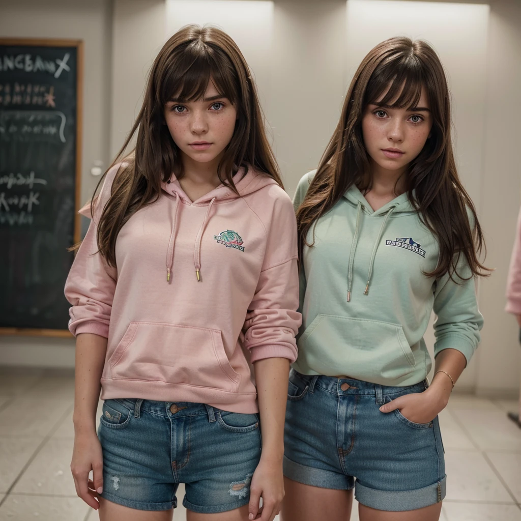 1girl, cute brunette girl, hair bangs, pink hoodie, jeans shorts, green eyes, ultra realistic soft skin, extreme detail, high masterpiece, 8k, photography, studio light, ultra realistic lighting, high realistic ray tracing, RAW photo, photo studio, perfect detailed cute face, perfect teenage details, freckles, school corridor
