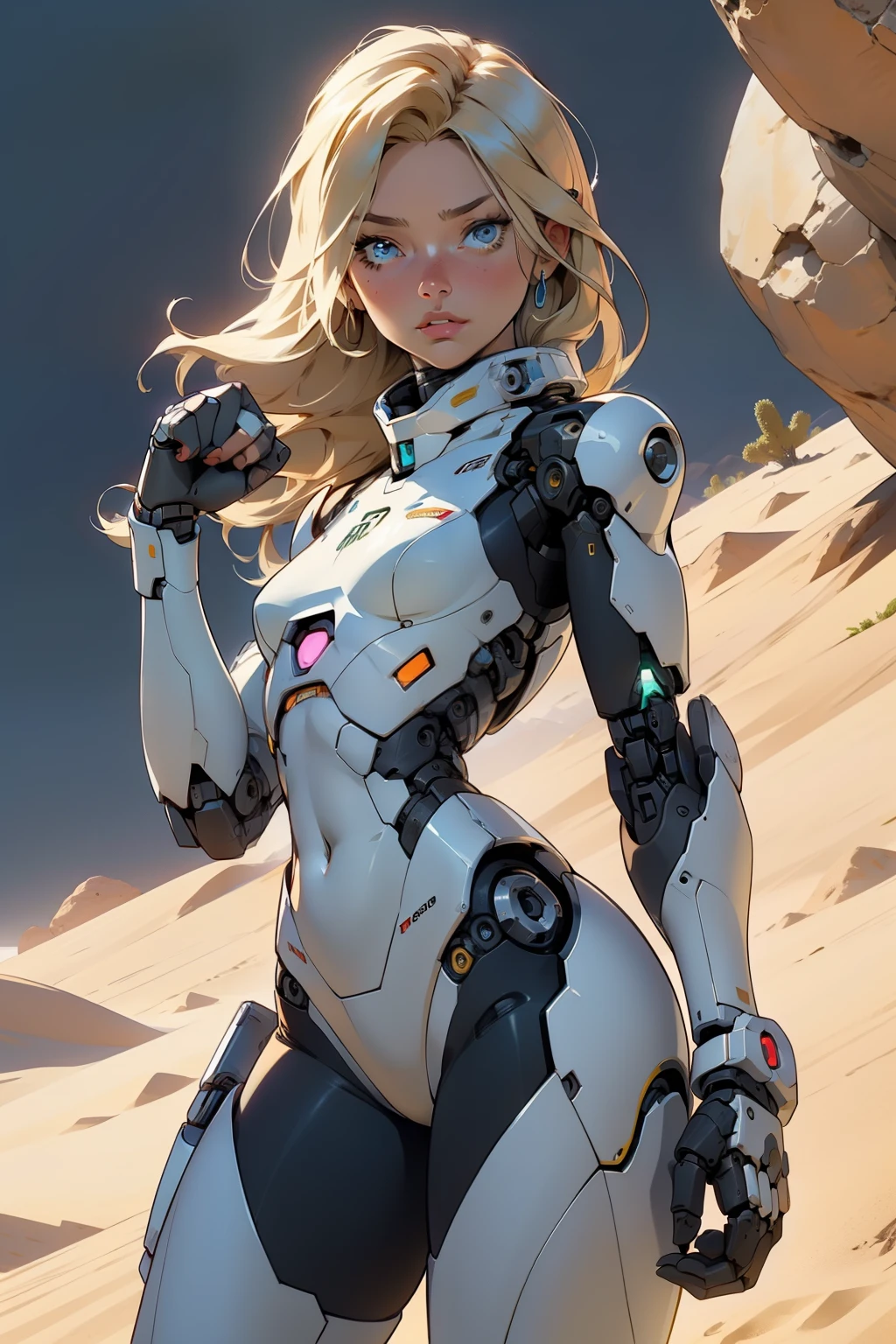 high quality, 4k, masterpiece, beautiful, cyborg girl, cowboy shot, dull eyes, looking at viewer, long blonde hair, girl, small breasts, fit thigh, robotic arms, robotic body, cyborg body, yellow accent, intricate detail, joint, detailed lines, robotic detail, holding fist up, holding hand up as fist, color robotic parts, robotic parts with color, perfect fingers, on a desert planet, sunny background, colorful desert,