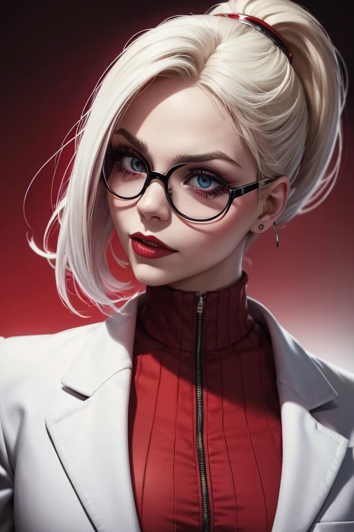 doutora Harley Quinzel, psicologia criminal. Foto de pefil. cabelo loiro grande e preso, coque, She wears a white coat with a red shirt and black glasses.