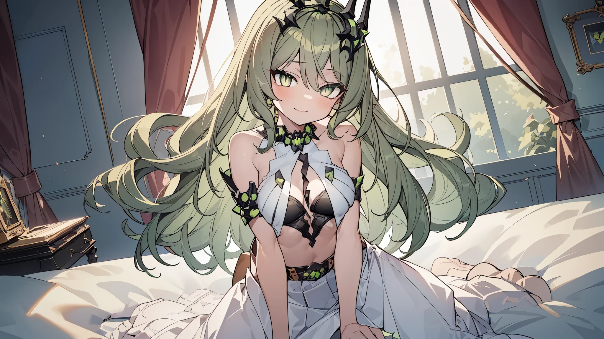 1 girl,Best quality, tmasterpiece, Long green hair, beautiful,detailed eyes, HD, super cute girl, super cute hairstyle, extremely detailed, Visually inspect the audience, The face is slightly red,is shy,full bodyesbian,adolable,Lori small breasts cleavage,white dresses, skirt, pleated skirt, frills, (sitting on his knees on the bed:1.4), (solo:1.6), seductive smile, (green eyes with beautiful pupils:1.7),