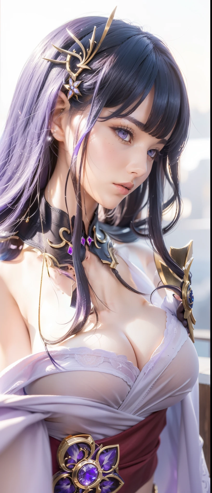 (ultra realistic photo, 8k uhd, full of details in clothes and face, masterpiece, girl goddess of beauty). Shogun Raider from Genshin Impact is a sexy woman with long, flowing purple hair, who wears a highly detailed sexy lingerie, she wears a jewel on the side of her head adorned with gold details and a gem in the center. - She wears a purple and pink outfit with gold details, with ornate designs in gold. The upper part of the armor is tight to the body, highlighting its curves. (she has long breasts, huge and perfect breasts emerging from her sexy, erotic cleavage, sharp pointed BREASTS), ((transparent micro panties showing pussy, perfect pussy)), defined body, body with curves, big perky ass, pussy showing, His arms are covered in armored gloves that have similar designs in gold and are attached to his upper arm by straps. - A piece of cloth flows from his waist, complementing the armor look. - Her face is very beautiful, she has light pink eyes and a serious expression. - In the background, there is a dramatic sky full of dark clouds and lightning lighting the scene. A full moon is also visible between the clouds.