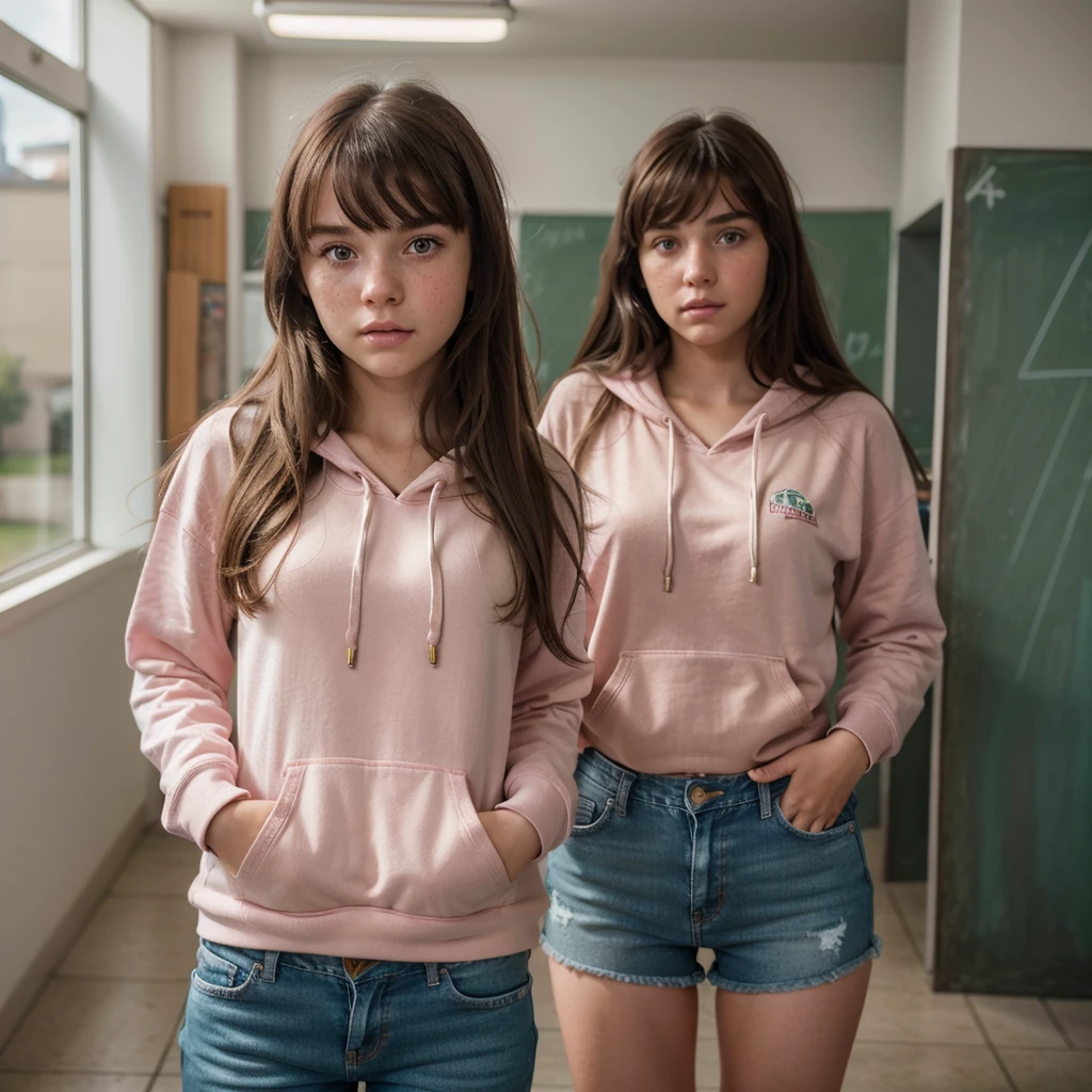 1girl, cute brunette girl, hair bangs, pink hoodie, jeans shorts, green eyes, ultra realistic soft skin, extreme detail, high masterpiece, 8k, photography, studio light, ultra realistic lighting, high realistic ray tracing, RAW photo, photo studio, perfect detailed cute face, perfect teenage details, freckles, school corridor