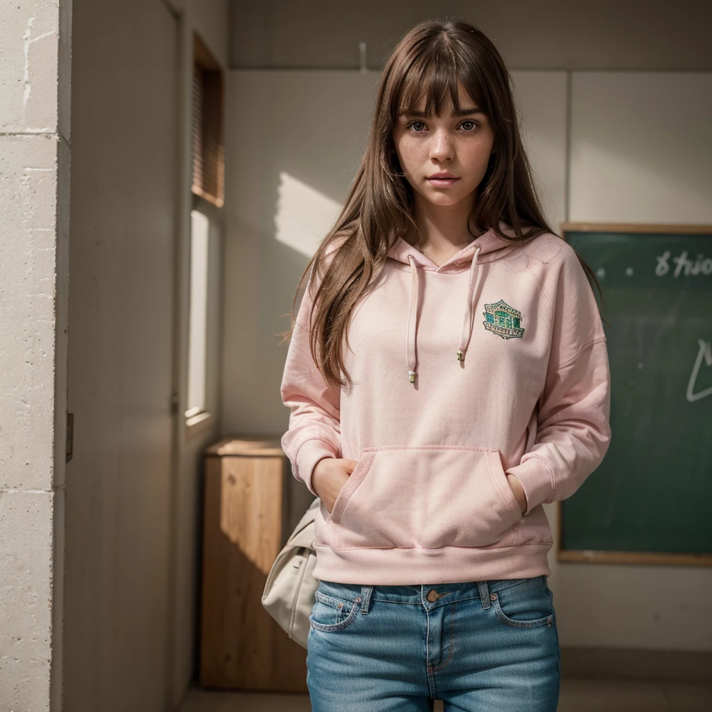 1girl, cute brunette girl, hair bangs, pink hoodie, jeans shorts, green eyes, ultra realistic soft skin, extreme detail, high masterpiece, 8k, photography, studio light, ultra realistic lighting, high realistic ray tracing, RAW photo, photo studio, perfect detailed cute face, perfect age details, freckles, school corridor