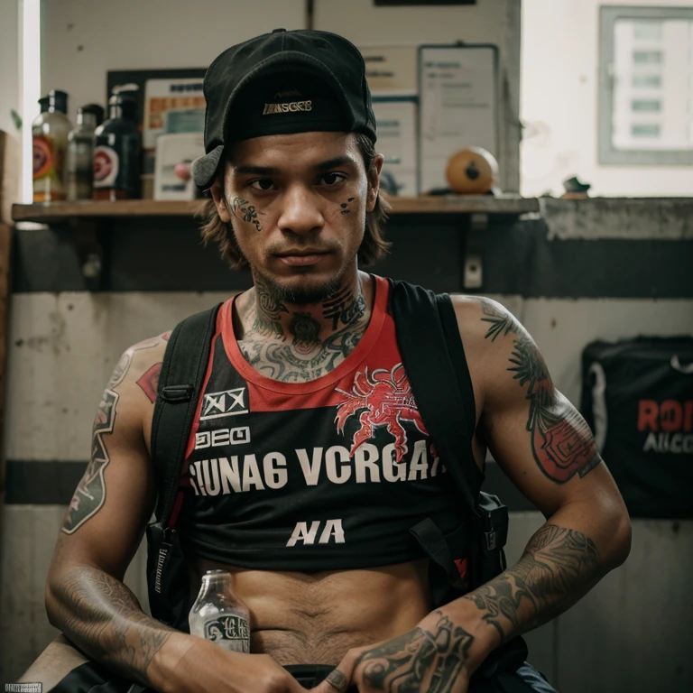 Crie uma imagem de um vagabundo de toca, com camisa do flamengo, all tattooed with an Airsoft ak47 in his hand, encima da lage de uma favela.