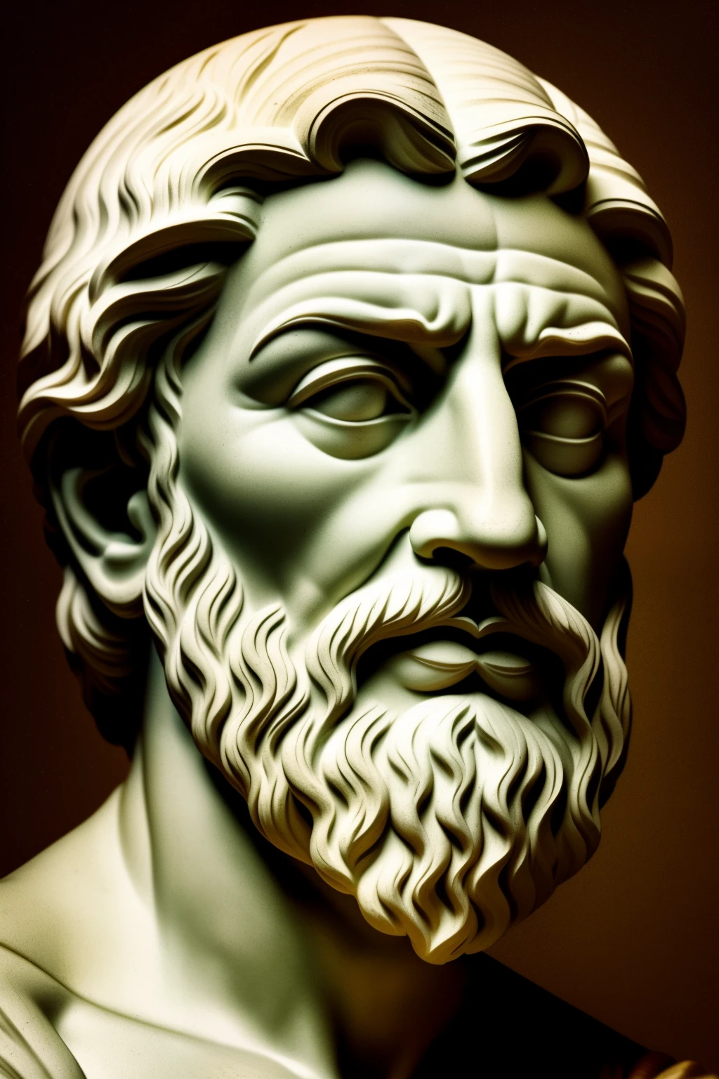 A herculean Greek philosopher statue, exhibiting stoic serenity, is rendered in the style of Late Renaissance art. The 2D digital illustration showcases intricate details, evoking a sense of deep thought and introspection. Every line and curve is meticulously crafted, adding to the alien-like quality of the image, as if it were a thought-provoking piece by renowned artist Antanas Sutkus. Macro photography magnifies each nuance, revealing the intricacies and textures of the philosopher's features, making for an enchanting exploration of ancient wisdom in the modern world.