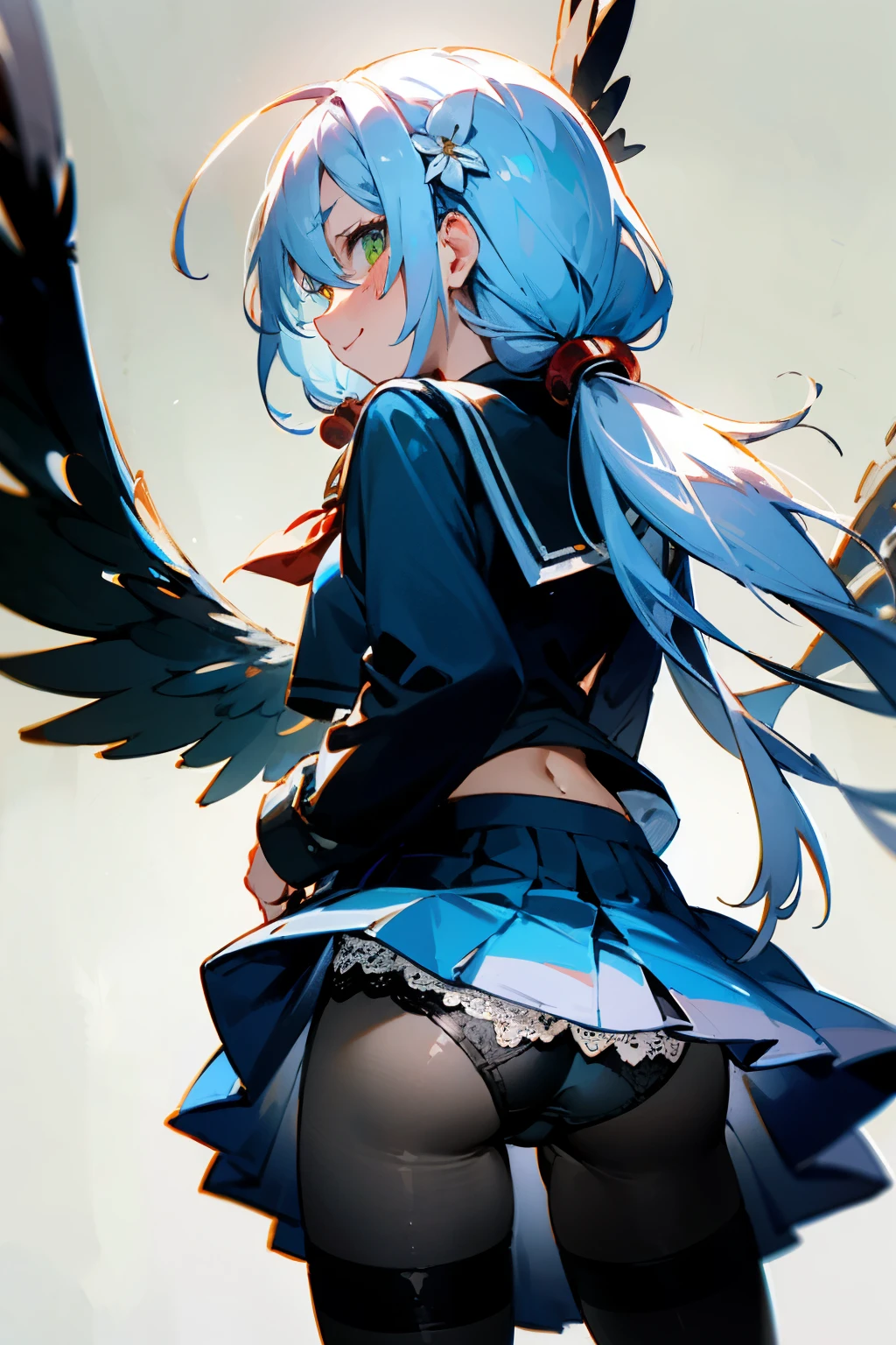 hair ornament, bangs,bow,white hair,low twintails,hair between eyes,long hair,hair flower, SFW,
green_eyes,v-shaped eyebrows,
blush, smile. happy,
flower,skirt,wings,dress,lace trim,school uniform,blue skirt,long sleeves,sailor collar,
panties under pantyhose ,crotch seam,underwear,
highband pantyhose,pantyhose,
on back,looking at viewer, (from behind:1.3), clothes lift,skirt lift,lifted by self,looking down,
from below,
thighs,navel,simple background,
{{{beautiful detailed eyes}}},{best quality},{{masterpiece}},{highres},{an extremely delicate and beautiful},game cg,original,extremely detailed 8K wallpaper