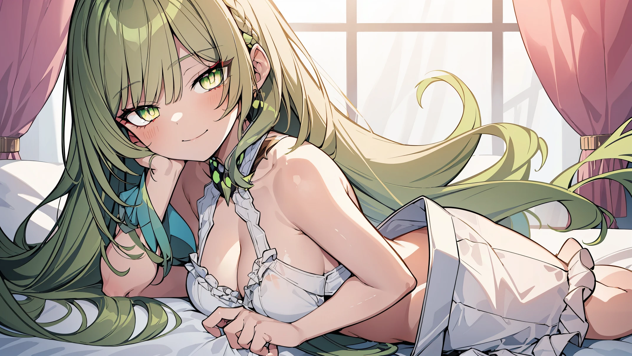 beautiful anime girl on bed, 1 girl,Best quality, tmasterpiece, Long green hair, beautiful,detailed eyes, HD, super cute girl, super cute hairstyle, extremely detailed, Visually inspect the audience, The face is slightly red,is shy,full bodyesbian,adolable,Lori small breasts cleavage,white dresses, skirt, pleated skirt, frills, frilled bra, (sitting on his knees on the bed:1.4), (solo:1.6), seductive smile, (green eyes with beautiful pupils:1.7),