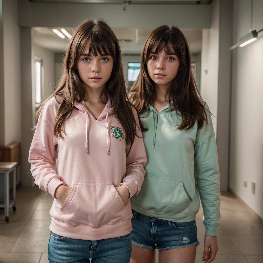 1girl, cute brunette girl, hair bangs, pink hoodie, jeans shorts, green eyes, ultra realistic soft skin, extreme detail, high masterpiece, 8k, photography, studio light, ultra realistic lighting, high realistic ray tracing, RAW photo, photo studio, perfect detailed cute face, perfect teenage details, freckles, school corridor