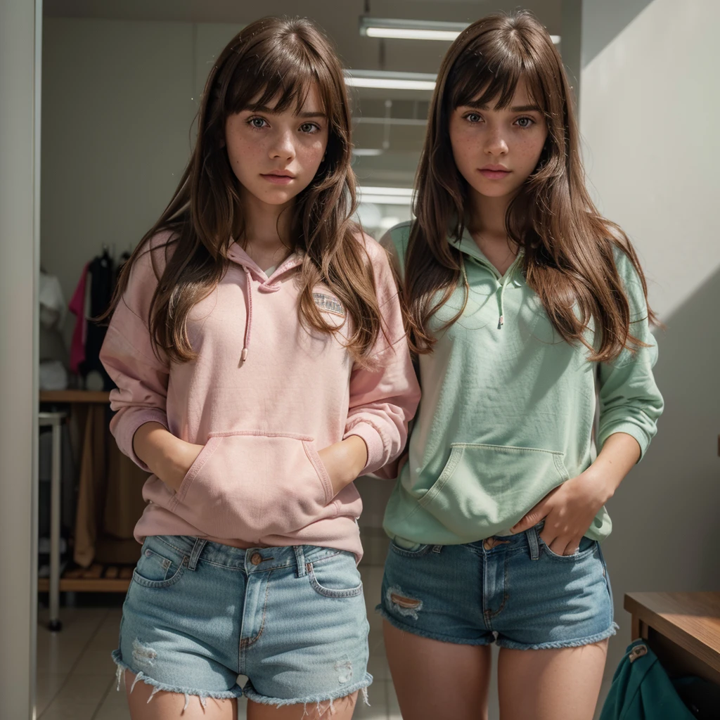 1girl, cute brunette girl, hair bangs, pink hoodie, jeans shorts, green eyes, ultra realistic soft skin, extreme detail, high masterpiece, 8k, photography, studio light, ultra realistic lighting, high realistic ray tracing, RAW photo, photo studio, perfect detailed cute face, perfect teenage details, freckles, school corridor