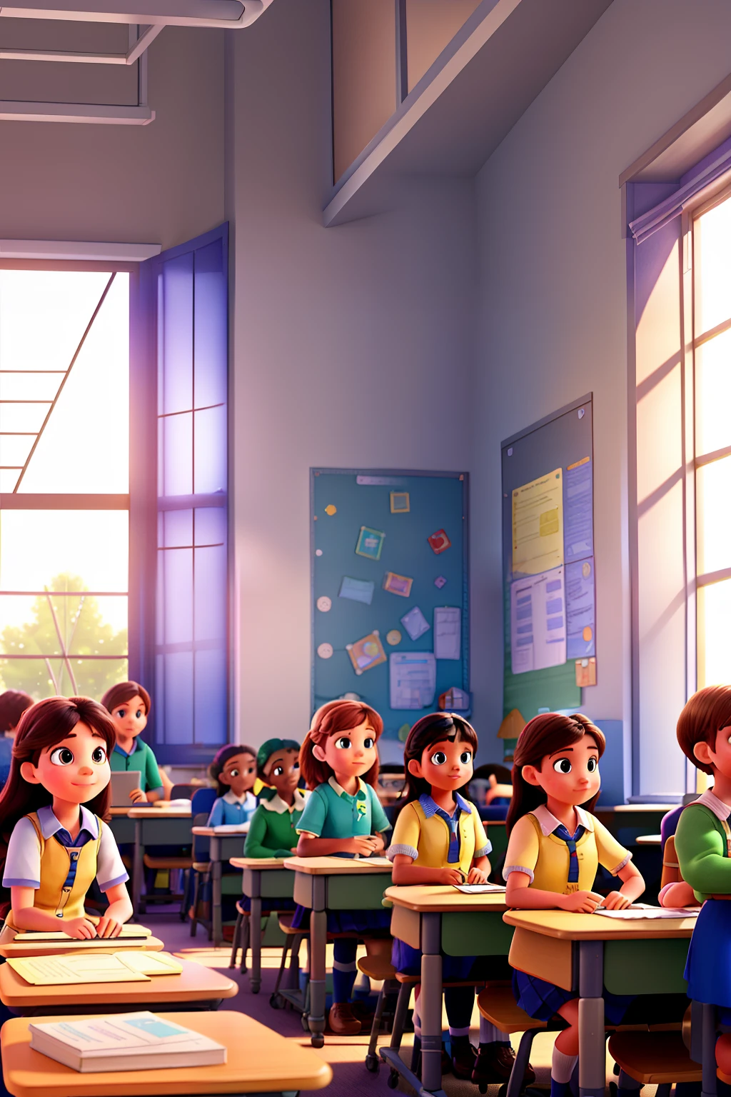 An enchanting interior image of a collegiate classroom in Pixar style, brimming with anticipation as children in bright school uniforms eagerly sit at their desks, the sunstreams filtering in through the large, colorful windows, casting a warm and welcoming glow on the room - ready to embark on a new learning adventure. (s2)