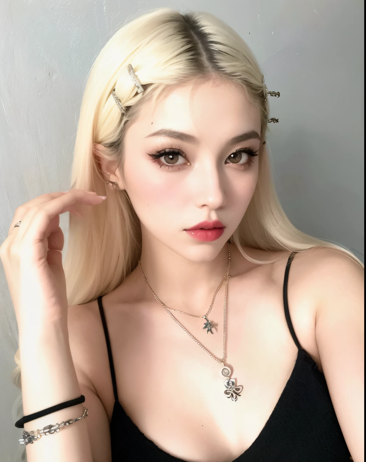 Mulher loira usando um top preto e um colar e pulseira, Delfina Hermosa, com cabelos longos e olhos penetrantes, Longos cabelos loiros e olhos grandes, cabelos loiros e olhos grandes, Longos cabelos loiros e olhos grandes, Menina anime na vida real, Rosto sexy com maquiagem completa, pale gothic beauty, cruel korean goth girl, Retrato realista de Kawaii, pale porcelain white skin
