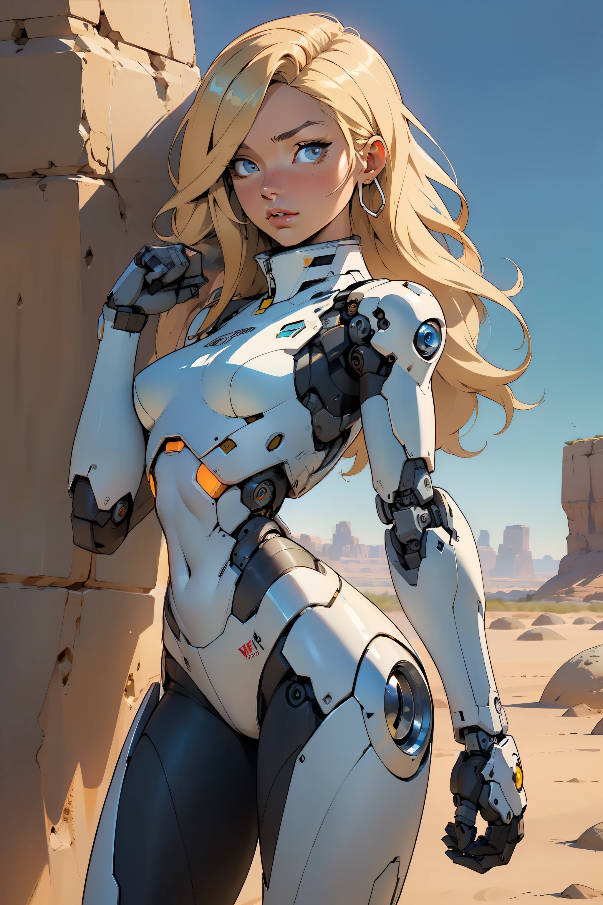 high quality, 4k, masterpiece, beautiful, cyborg girl, cowboy shot, dull eyes, looking at viewer, long blonde hair, girl, small breasts, fit thigh, robotic arms, robotic body, cyborg body, yellow accent, intricate detail, joint, detailed lines, robotic detail, holding fist up, holding hand up as fist, color robotic parts, robotic parts with color, perfect fingers, on a desert planet, sunny background, colorful desert,