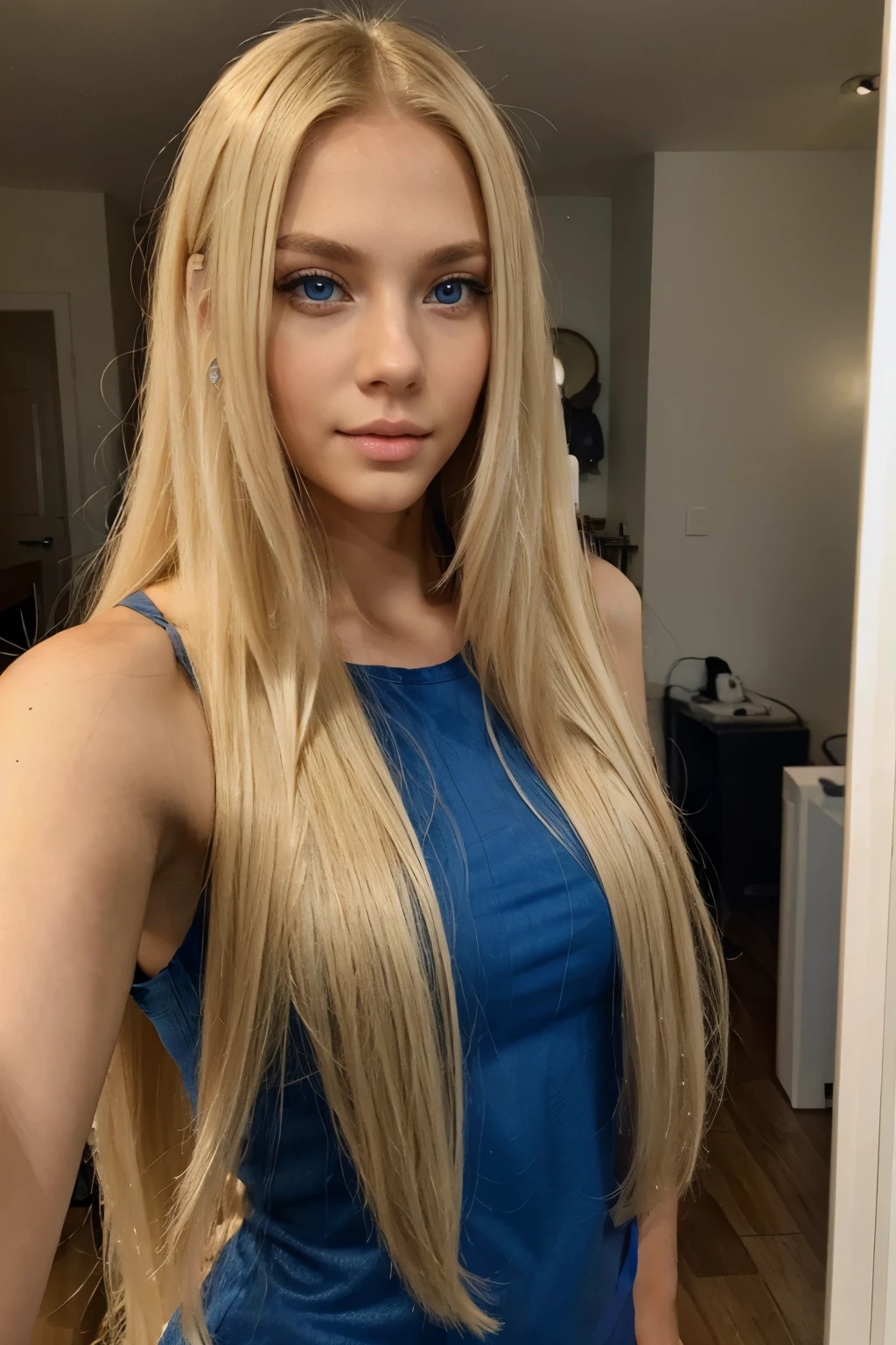 super hot blonde model (taking selfie))) ((blue eyes)) ((long straight blonde hair))