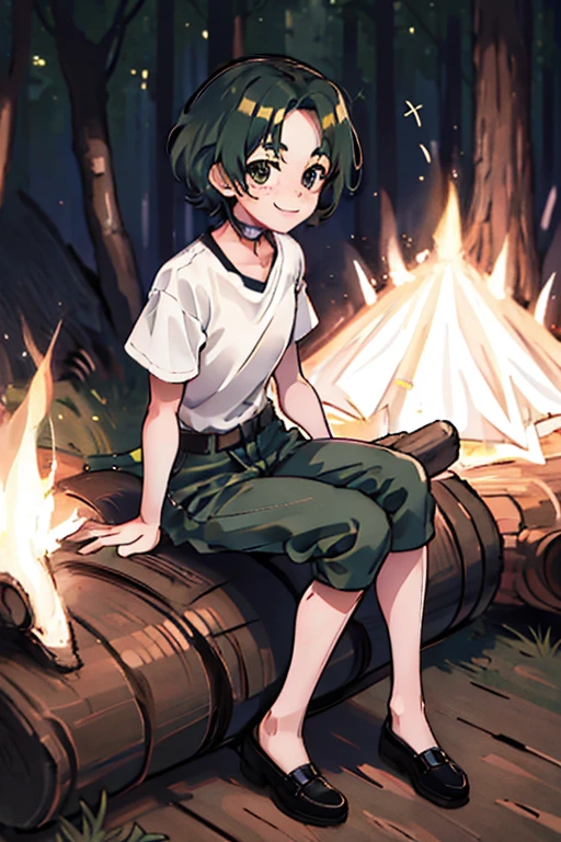 anime, night forest, 1girl, young, miniature face, no hat, green curly hair, many freckles, white short sleeve shirt, brown trousers, sitting on a log by the campfire, full body, warm smile