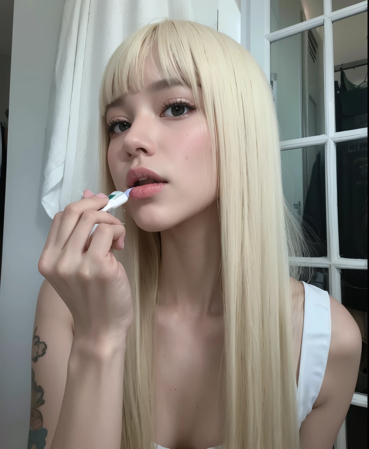 Blonde woman with long hair and bangs brushing her teeth with a toothbrush., pelo largo y blanco y flequillo, cabello con flequillo blanco, Lalisa Manobal, parque roseanne de blackpink, peinado de corte hime blanco, con flequillo completo, Lalisa Manoban de Blackpink, flequillo blanco, long hair con flequillo completo, con flequillo, el corte de hime, long hair con flequillo