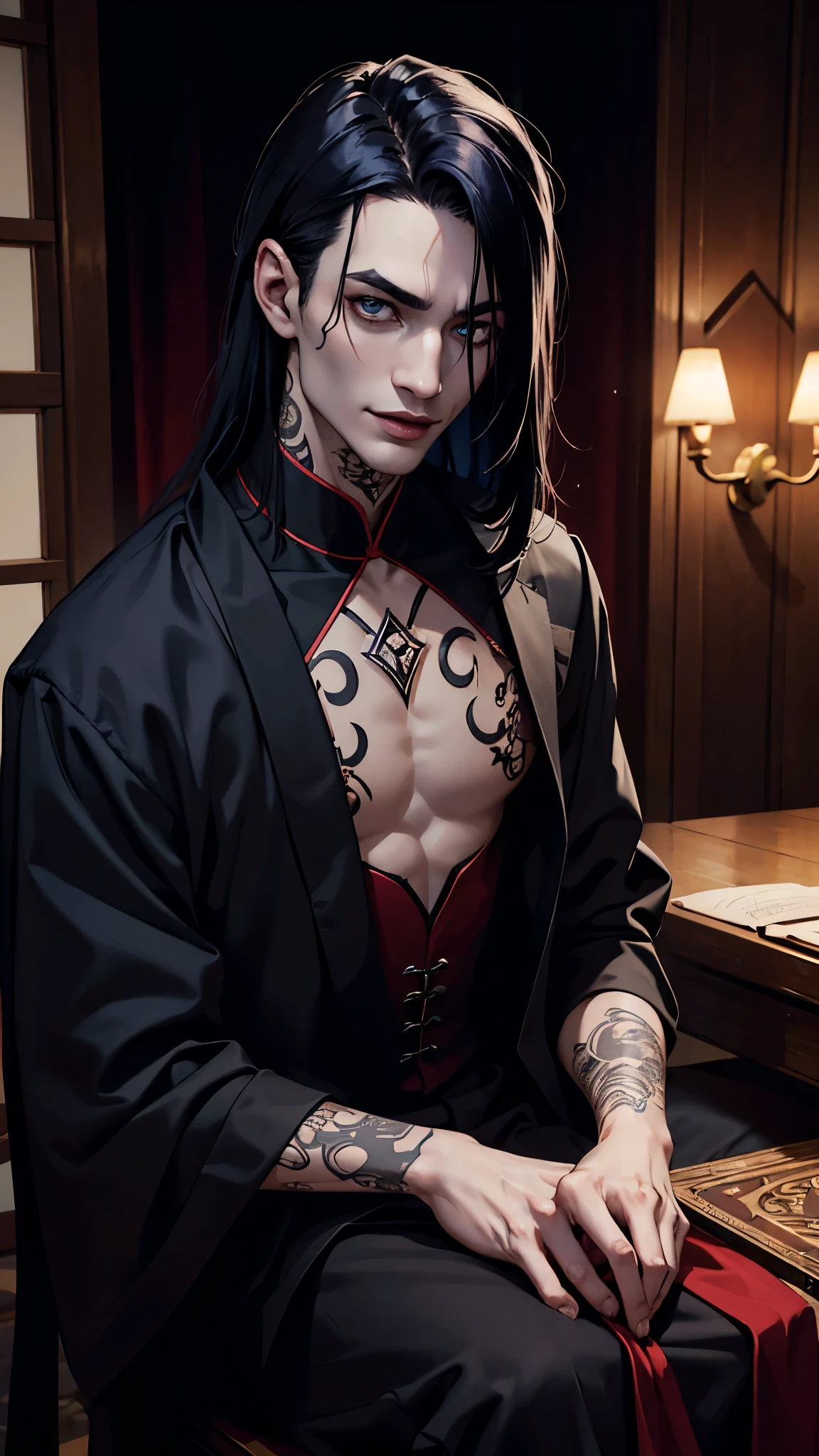 "(fechar potrait), tema sombrio, estilo moderno, (((1 homem de 30 anos))) wearing a black suit and black dress pants, atletico forte, with a serious expression, ((careca)), corpo. A cena se passa em uma biblioteca modernaa noite, com muitos livros em estantes, emphasizing pale skin and bright yellow eyes."