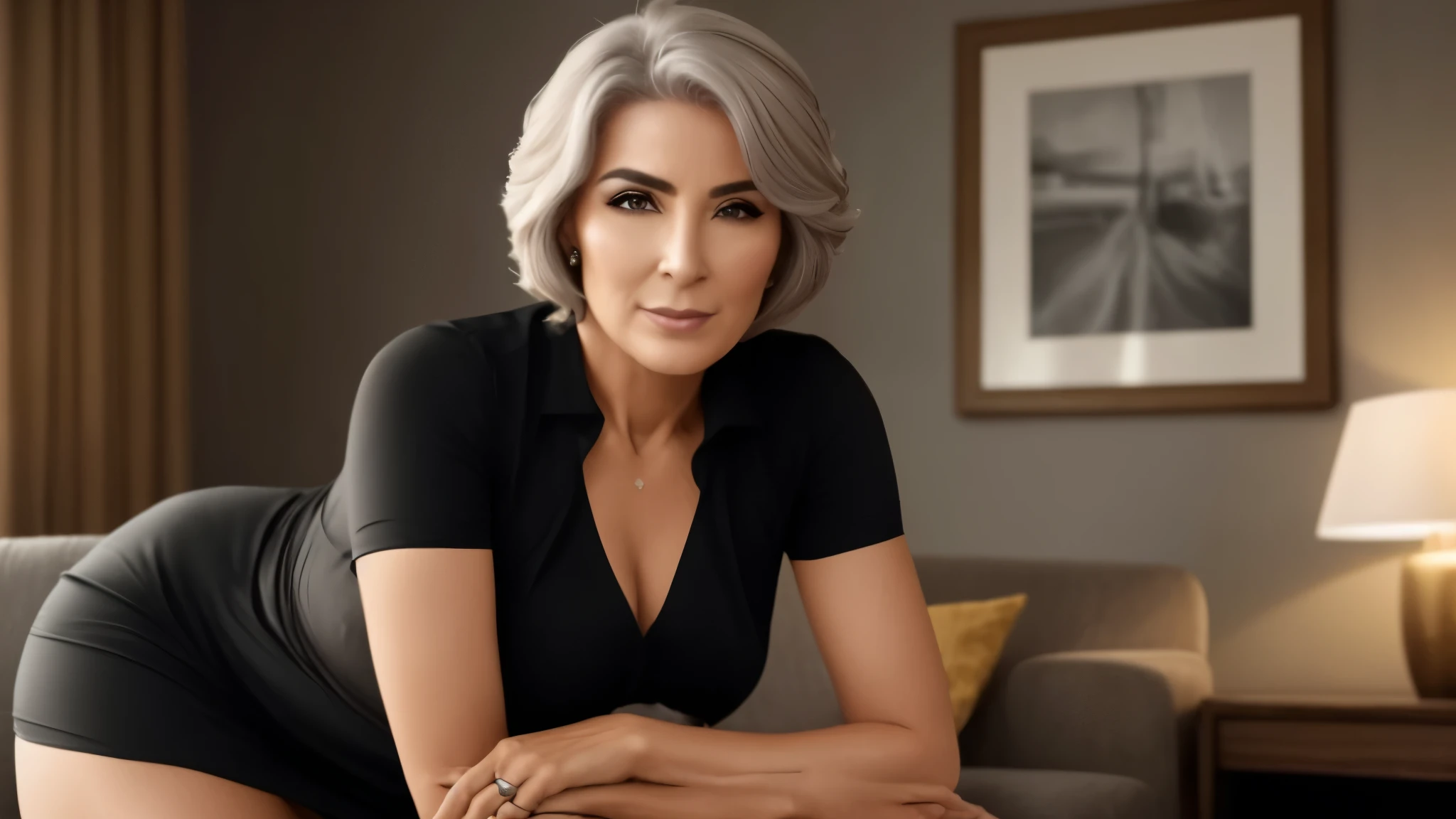 a woman in a black dress leaning on a sofa, cabelos grisalhos curtos, Parece Ebru Sahin, cabelos grisalhos, com cabelos grisalhos escuros, mulher mais velha, mulher intimidadora, captura de tela de um filme, cabelo grisalho escuro, cabelos grisalhos velhos, ela tem cerca de 50 anos, really short cabelo grisalho escuros, mature facial features, Comercial de TV