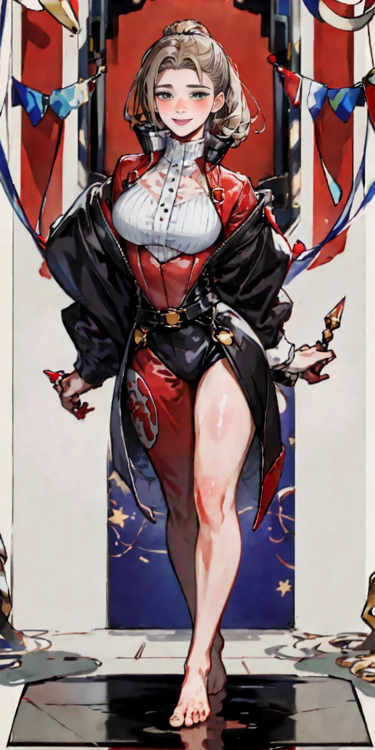 Body position: Standing, straight, symmetrical, barefoot, Lustful smile on face with red blush,