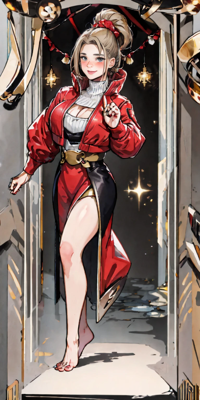 Body position: Standing, straight, symmetrical, barefoot, Lustful smile on face with red blush, 