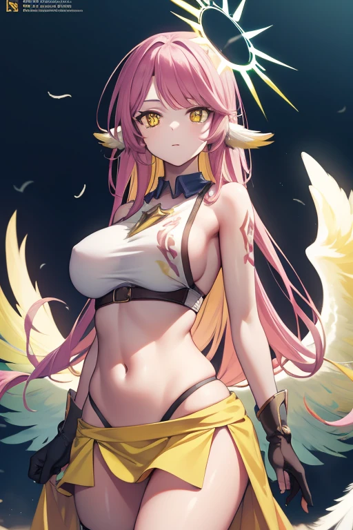 jibril, jibril, angel, angel wings, animal ears, bird ears, compass rose halo, feathered wings, feathers, gradient hair, halo, long hair, low wings, multicolored hair, navel, pink hair, symbol-shaped pupils, tattoo, white wings, wing ears, wings, (yellow eyes:1.5),
BREAK asymmetrical legwear, crop top, cross, gloves, mismatched legwear, sideboob,,
BREAK looking at viewer,
BREAK outdoors, city,
BREAK (masterpiece:1.2), best quality, high resolution, unity 8k wallpaper, (illustration:0.8), (beautiful detailed eyes:1.6), extremely detailed face, perfect lighting, extremely detailed CG, (perfect hands, perfect anatomy),