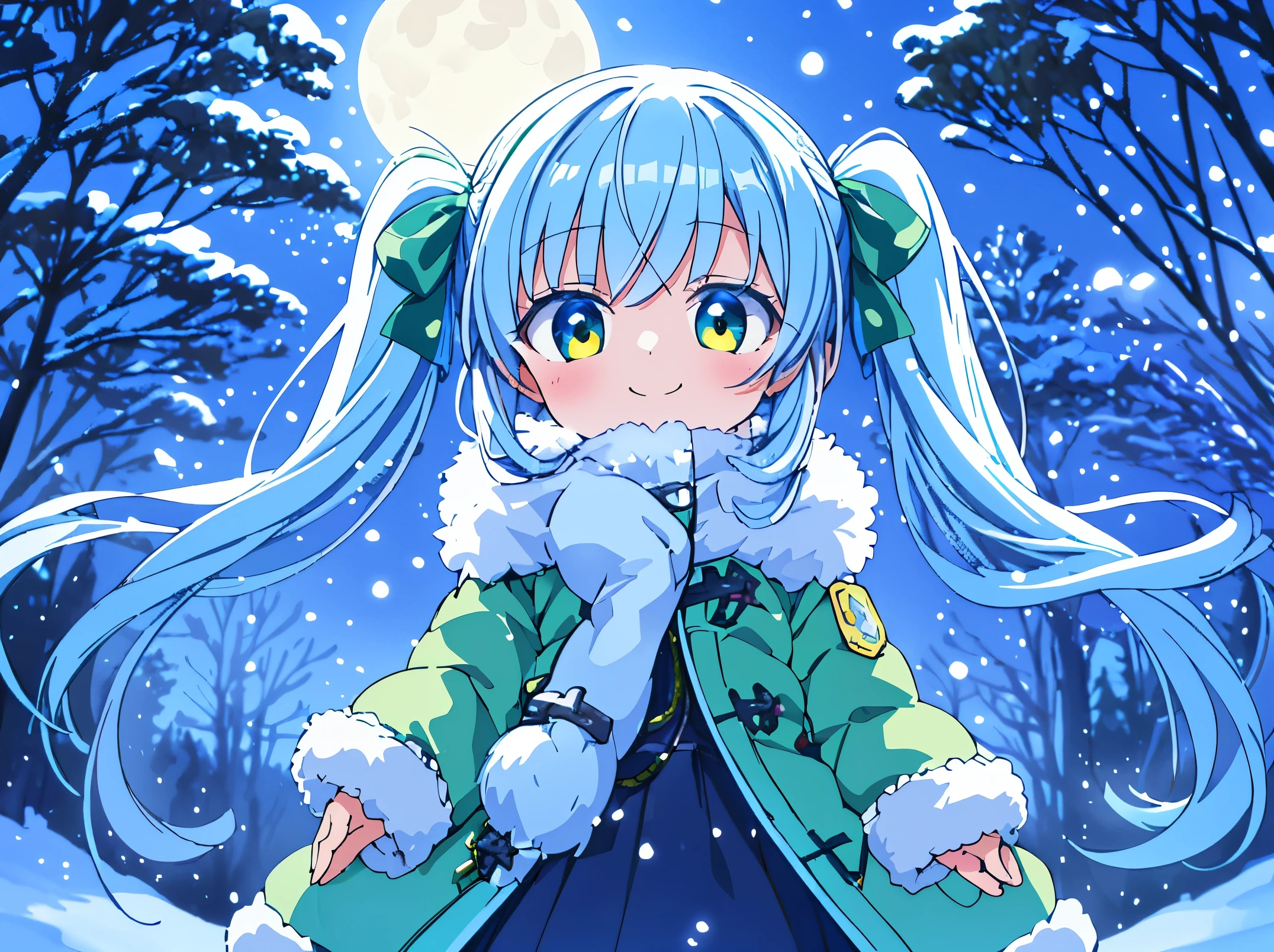 It&#39;s snowing((Some photos)).In the cold winter forest with wind blowing　It&#39;s snowing　Beautiful girl with long light blue hair　twin tails　adorable smile　Warm yellow and green down coat　A big owl watches over the girl　beautiful moonlit night　The stars twinkle