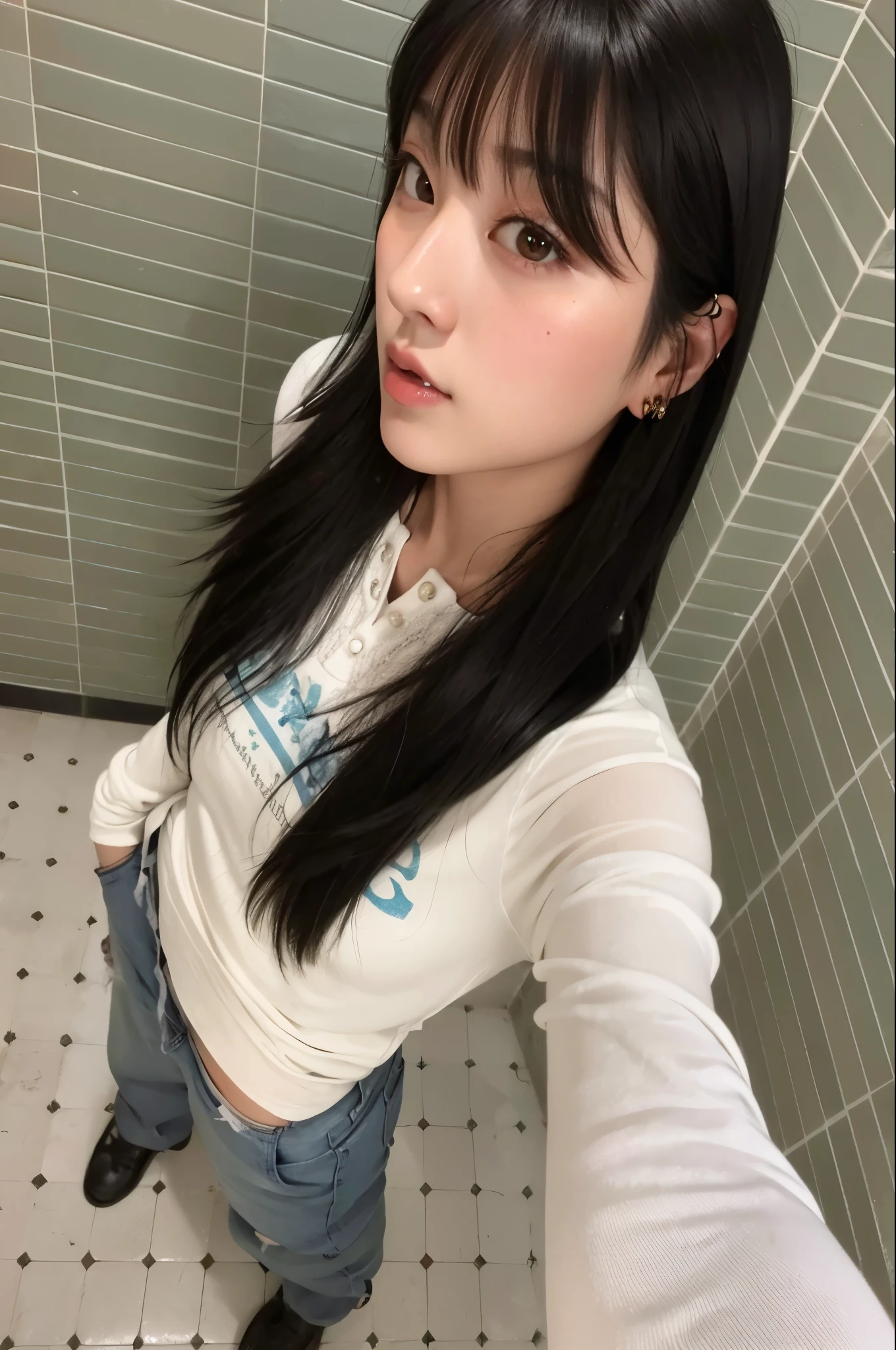 mulher arafa tirando uma selfie em um banheiro azulejado, Ulzzang, she has black hair com franja, com franja, Jinyoung Shin, sui ishida com cabelo preto, Kimi Takemura, Heonhwa Choe, chiho, long hair com franja, menina de 19 anos, Menina coreana
