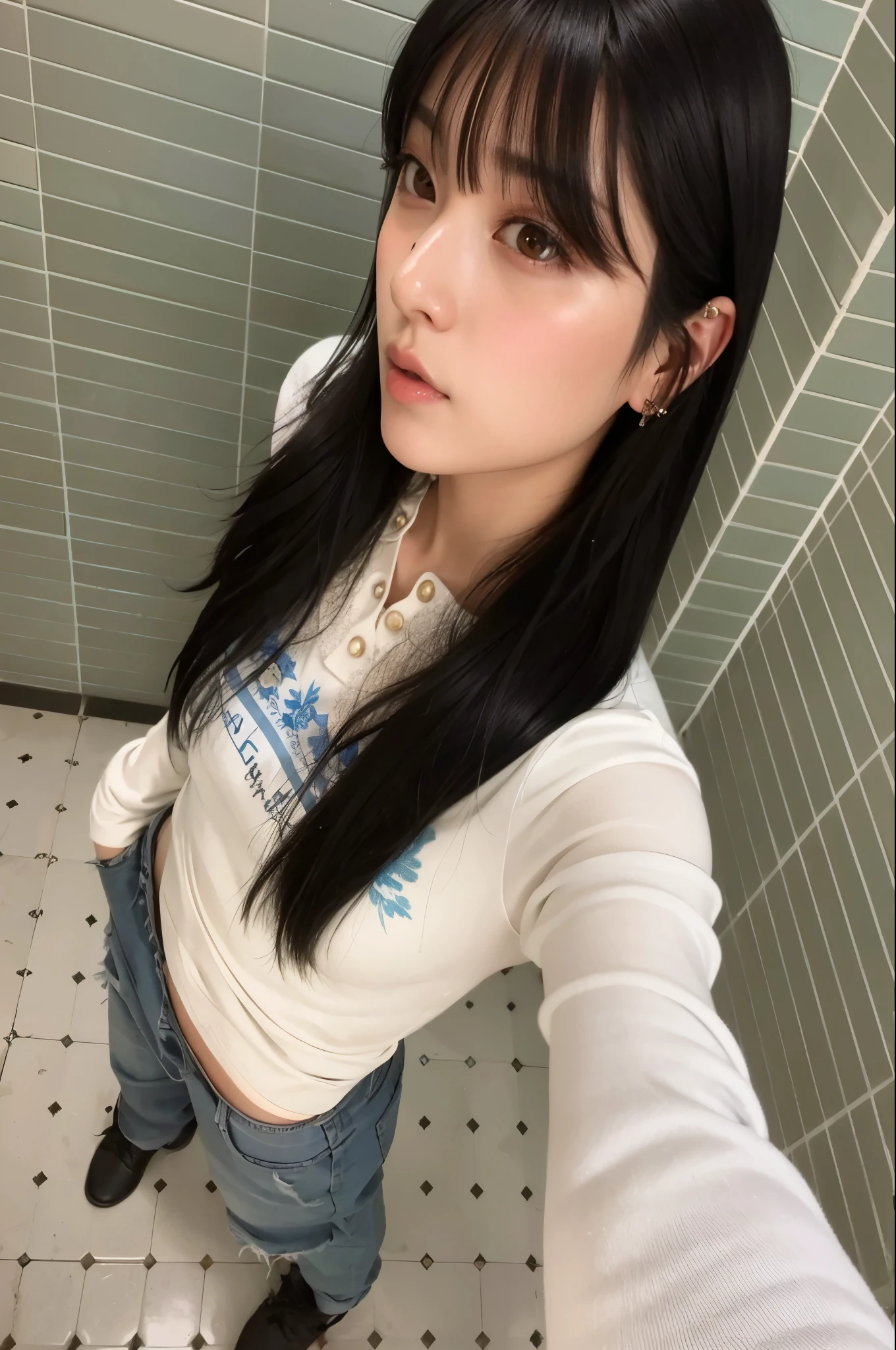 mulher arafa tirando uma selfie em um banheiro azulejado, Ulzzang, she has black hair com franja, com franja, Jinyoung Shin, sui ishida com cabelo preto, Kimi Takemura, Heonhwa Choe, chiho, long hair com franja, menina de 19 anos, Menina coreana