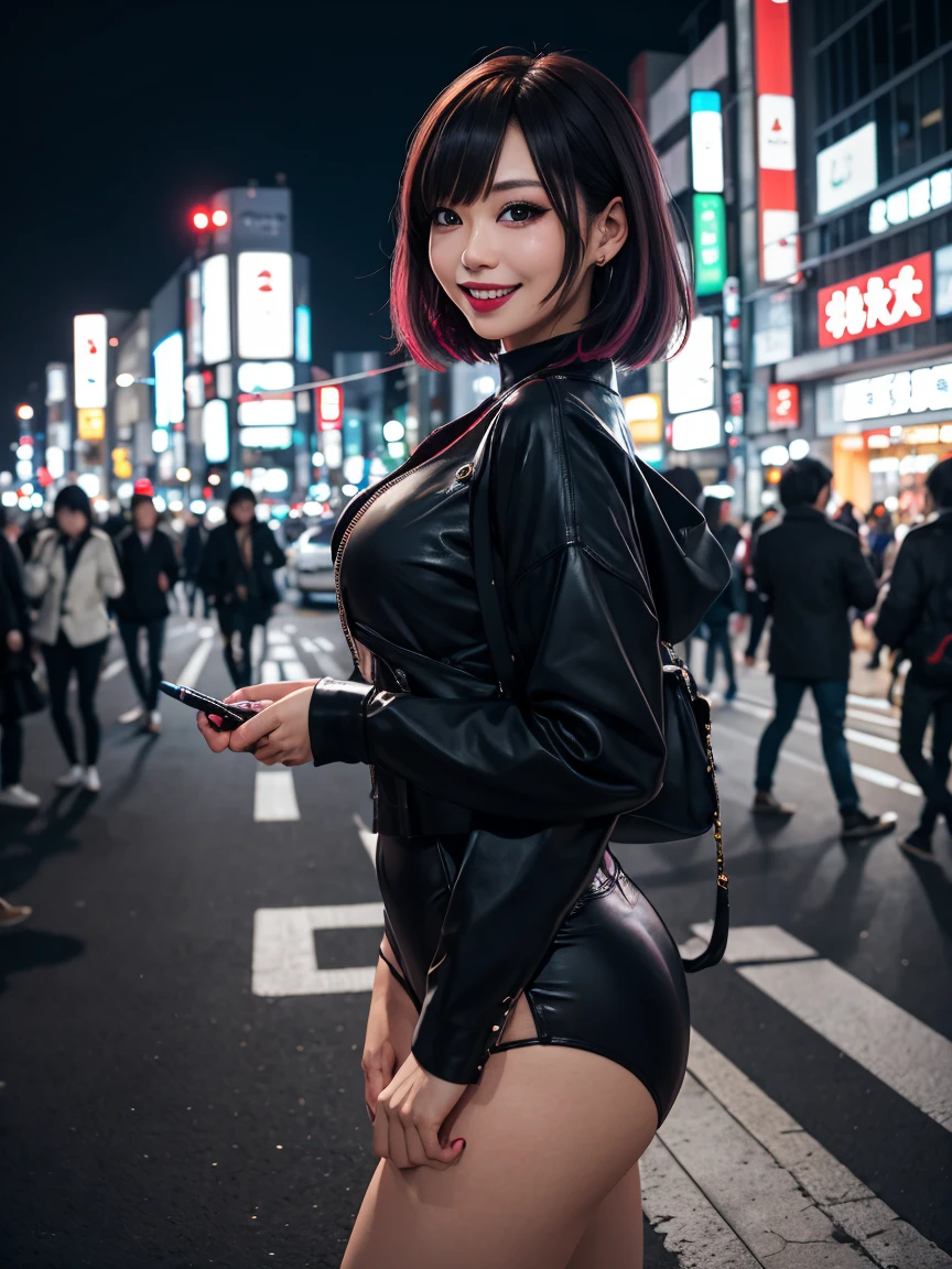 gorgeous kogal, heavy make up, slutty outfit, nighttime, standing in tokyo, bokeh, fisheye photography, giggling