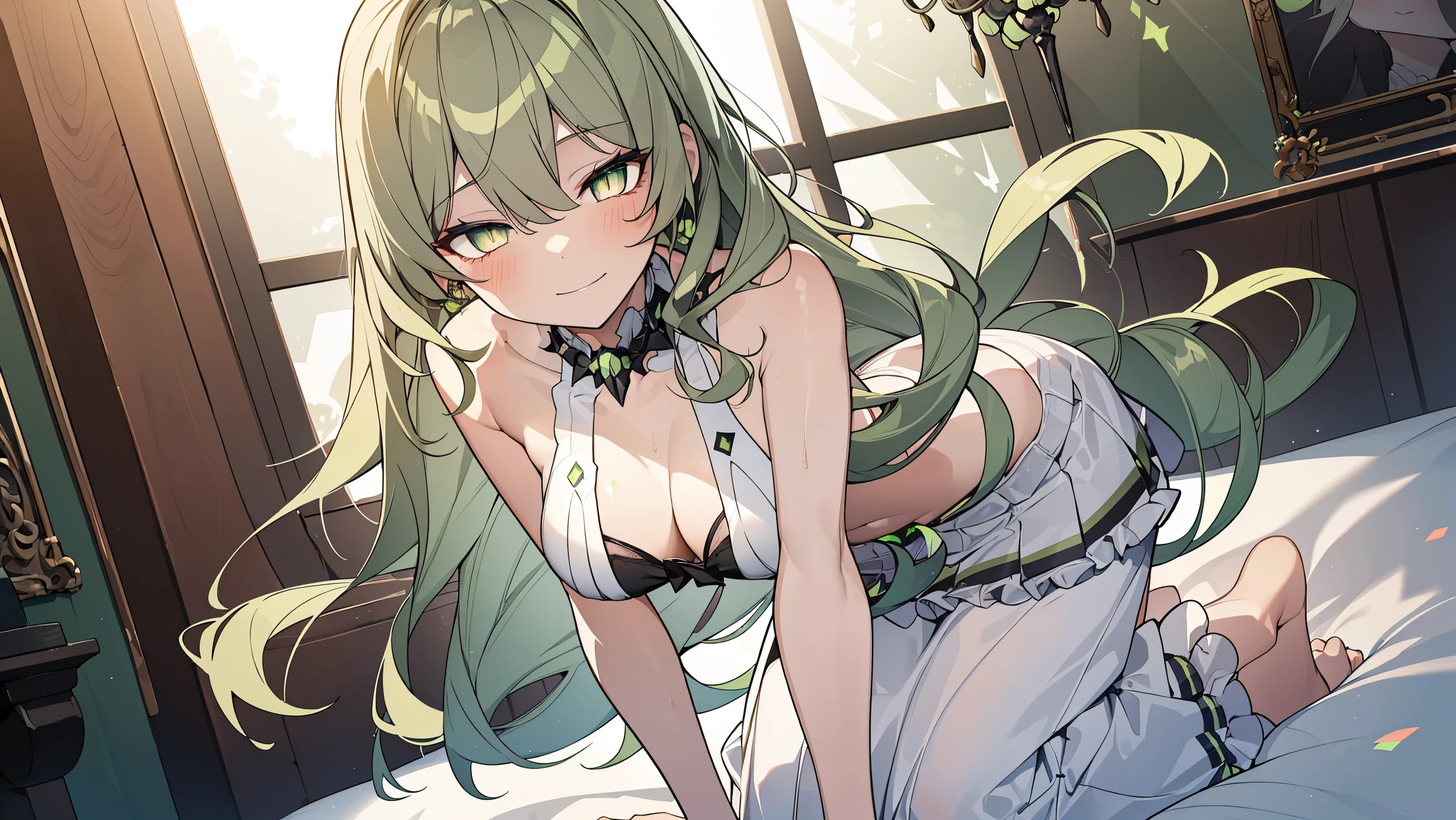 1 girl，Best quality, tmasterpiece, Long green hair, beautiful,detailed eyes, HD, super cute girl, super cute hairstyle, extremely detailed, Visually inspect the audience, The face is slightly red，is shy，full bodyesbian，adolable，Lori small breasts cleavage，white dresses, skirt, pleated skirt, frills, frilled bra, (sitting on his knees on the bed:1.4), (solo:1.6), seductive smile, (green eyes with beautiful pupils:1.7), (on her knees:1.5)