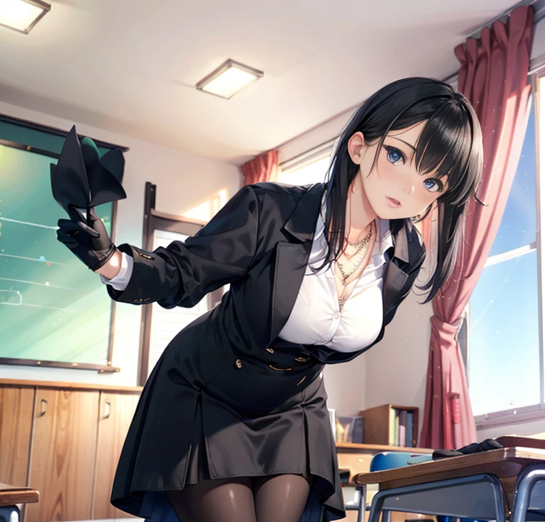 1 girl, (alone:1.2), (cowboy shooting:1.2), (Beautiful and detailed eye descriptions), (Beautiful and detailed face), perfect female body, Neat figure, thin waist, (young girl), (20 years old), long hair, black hair, eyes are big, blue eyes, medium breasts, blush, Shy, Poor moist lips, teacher, (transparent teacher dress), teacher cap, unbuttoned, (black gloves:1.2), (black pantyhose), High heel, necklace, leg rings, indoors, school teacher, podium,blackboard, window, black curtains, (best quality), (Super detailed), (masterpiece), (high resolution), (The original), (Extremely detailed CG unified 8k wallpaper), role conception, Game CG, Detailed manga illustrations,(working week 1.1)