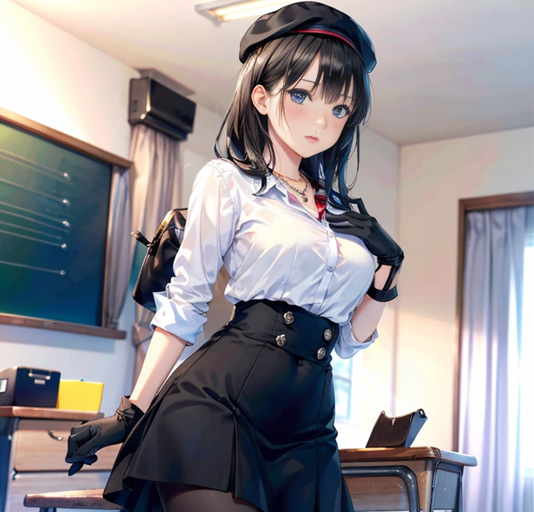 1 girl, (alone:1.2), (cowboy shooting:1.2), (Beautiful and detailed eye descriptions), (Beautiful and detailed face), perfect female body, Neat figure, thin waist, (young girl), (20 years old), long hair, black hair, eyes are big, blue eyes, medium breasts, blush, Shy, Poor moist lips, teacher, (transparent teacher dress), teacher cap, unbuttoned, (black gloves:1.2), (black pantyhose), High heel, necklace, leg rings, indoors, school teacher, podium,blackboard, window, black curtains, (best quality), (Super detailed), (masterpiece), (high resolution), (The original), (Extremely detailed CG unified 8k wallpaper), role conception, Game CG, Detailed manga illustrations,(working week 1.1)