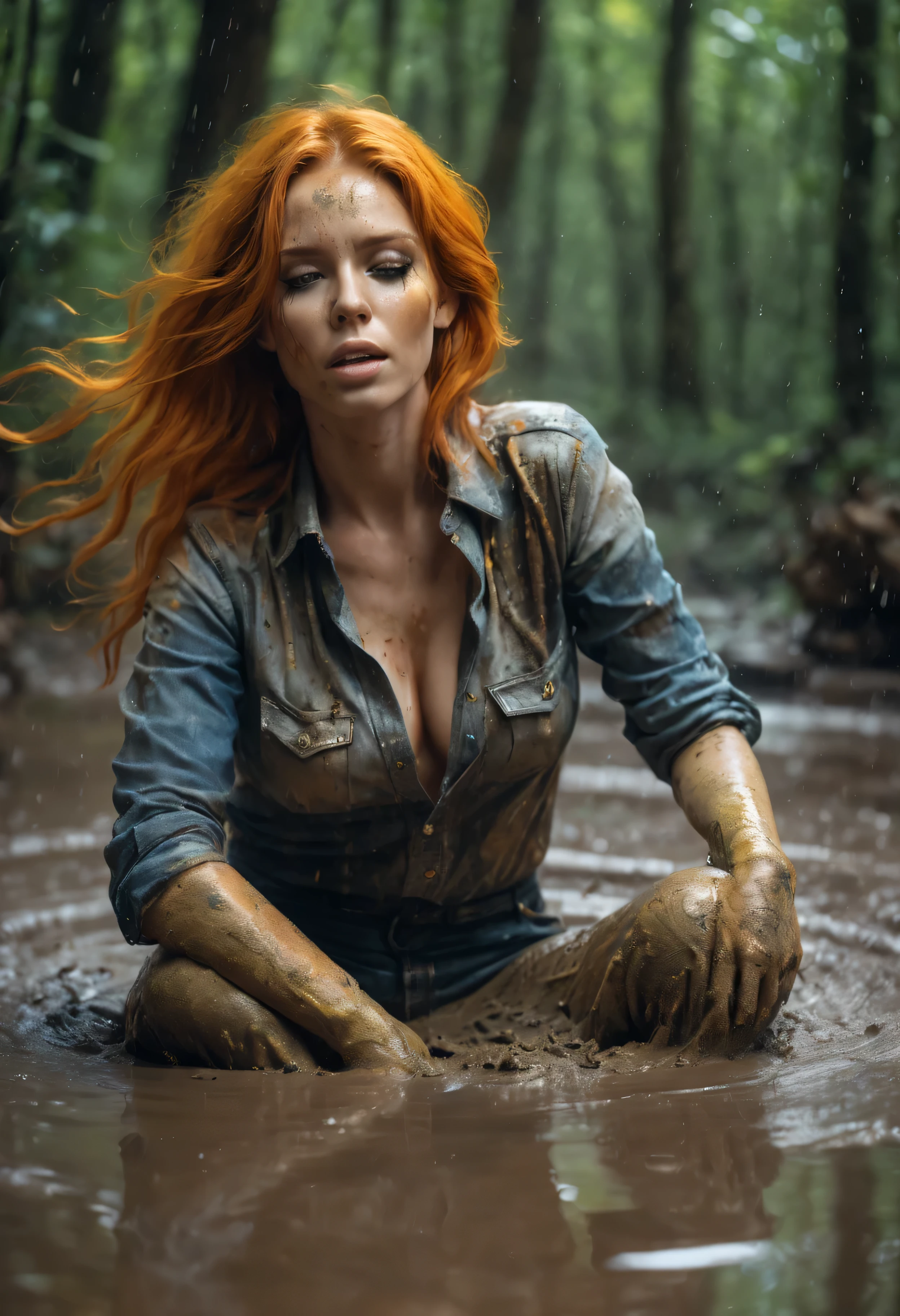 masterpiece, ultra-realistic photography of orange-haired hot woman in jeans and blouse, indulging in shameful fetish with desperation and ecstasy,(sexy teasing herself:1.2) in mud bath, full body, stoic cinematic 4k epic detailed 4k epic detailed photograph shot on kodak detailed bokeh cinematic, detailed face, natural skin texture, forest