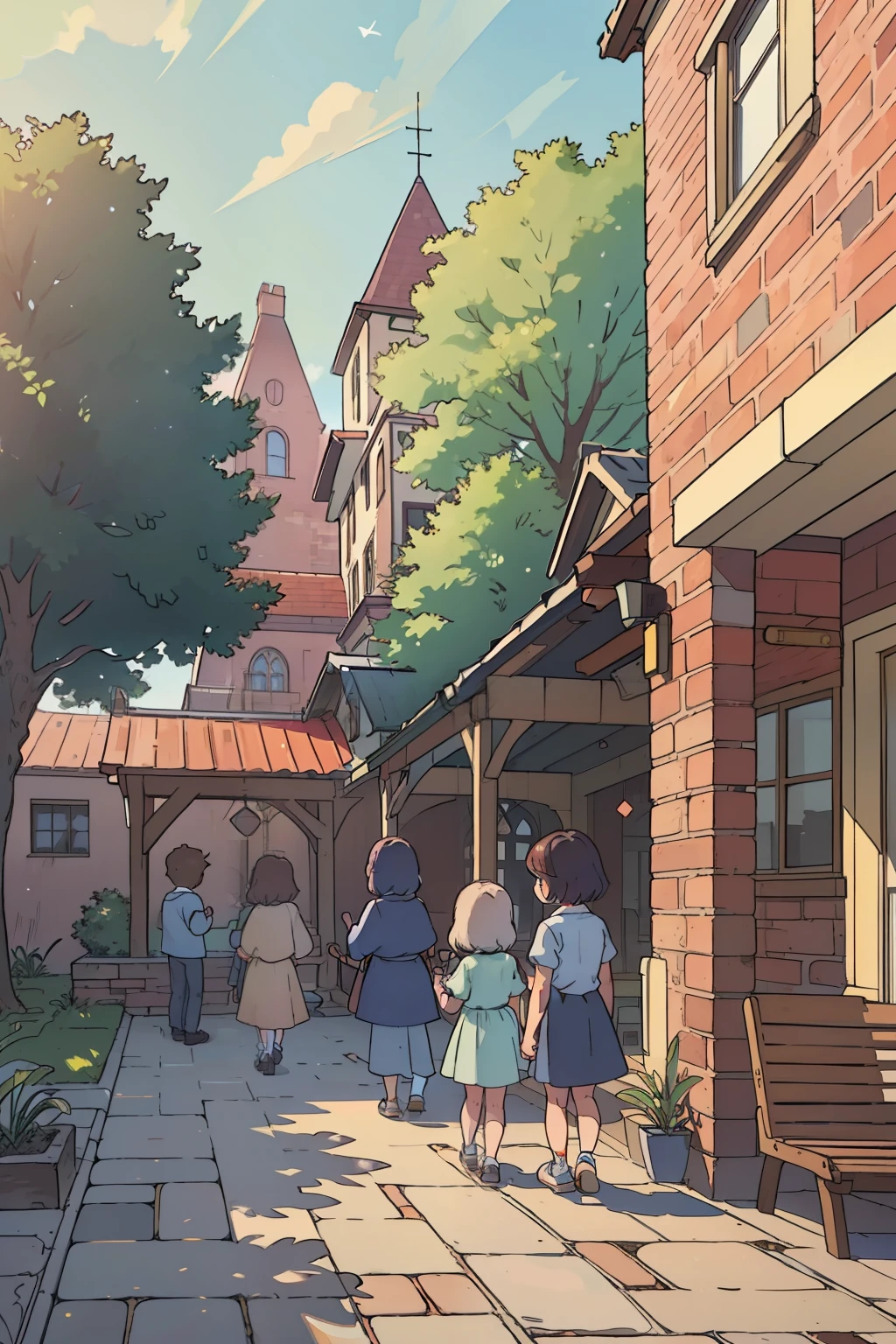 An upscale interior image of a modern college campus with a vibrant playground scene, children in detective costumes huddled together, examining various objects with curious expressions. The sun filters in through the tall windows, casting long shadows and creating a warm, inviting ambiance. Detailed brickwork and lush greenery adorn the walls, adding to the sense of community and growth. The children's excited chatter and the gentle sound of swings swaying in the background bring a sense of liveliness and anticipation to the Waiting to Start atmosphere. Soft pastel colors and subtle textures enhance the overall sense of coziness and comfort in this masterpiece.