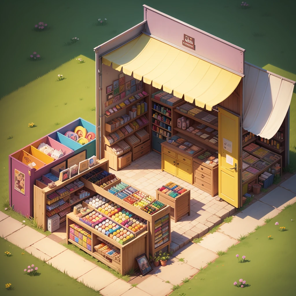 isometric cartoon store with vibrant colors and lively characters