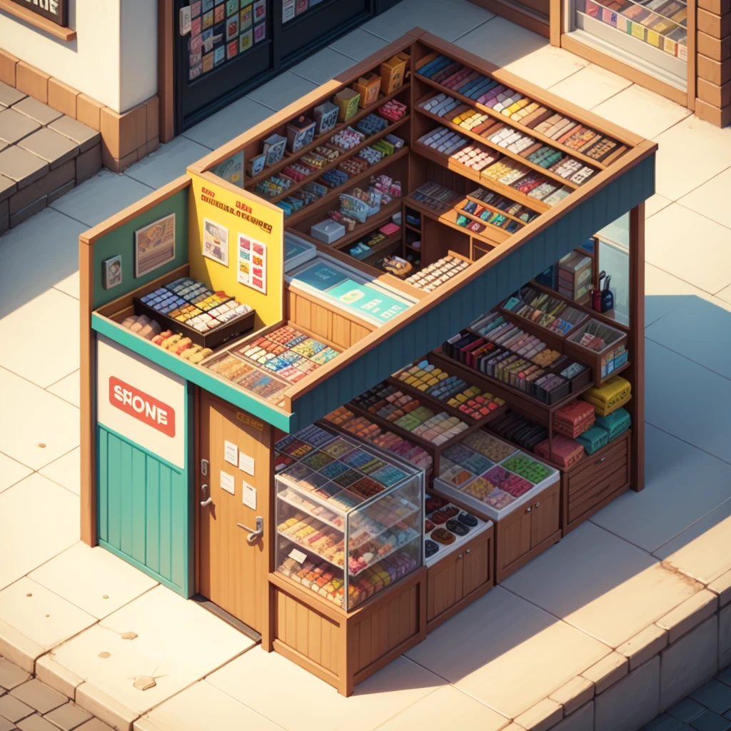 isometric cartoon store with vibrant colors and lively characters