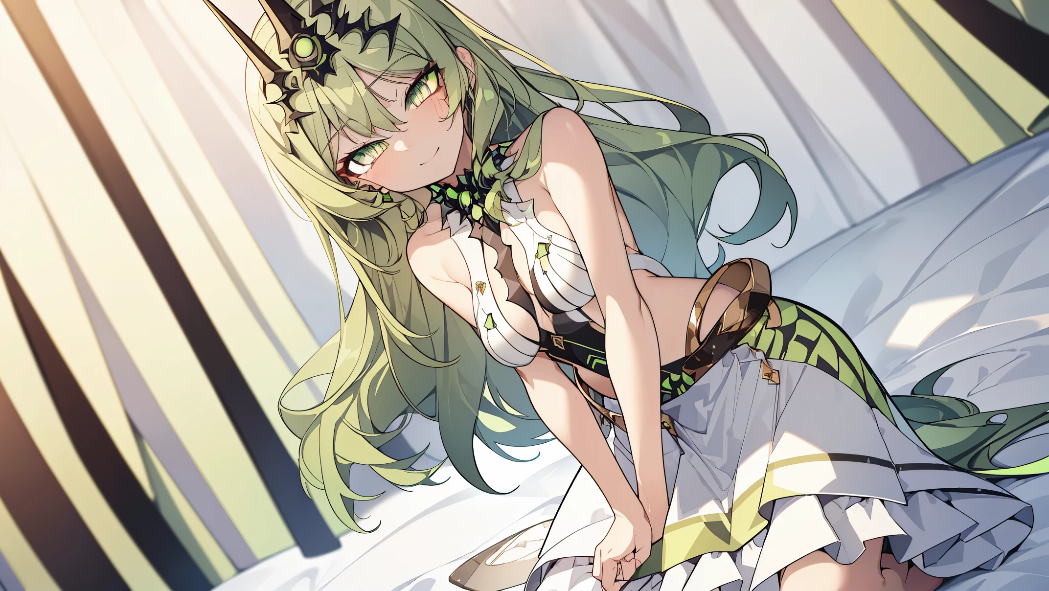 1 girl,Best quality, tmasterpiece, Long green hair, beautiful,detailed eyes, HD, super cute girl, super cute hairstyle, extremely detailed, Visually inspect the audience, The face is slightly red,is shy,adolable,Lori small breasts cleavage,white dresses, skirt, pleated skirt, frills, (sitting on his knees on the bed:1.4), (solo:1.6), seductive smile, (green eyes with beautiful pupils:1.7),
