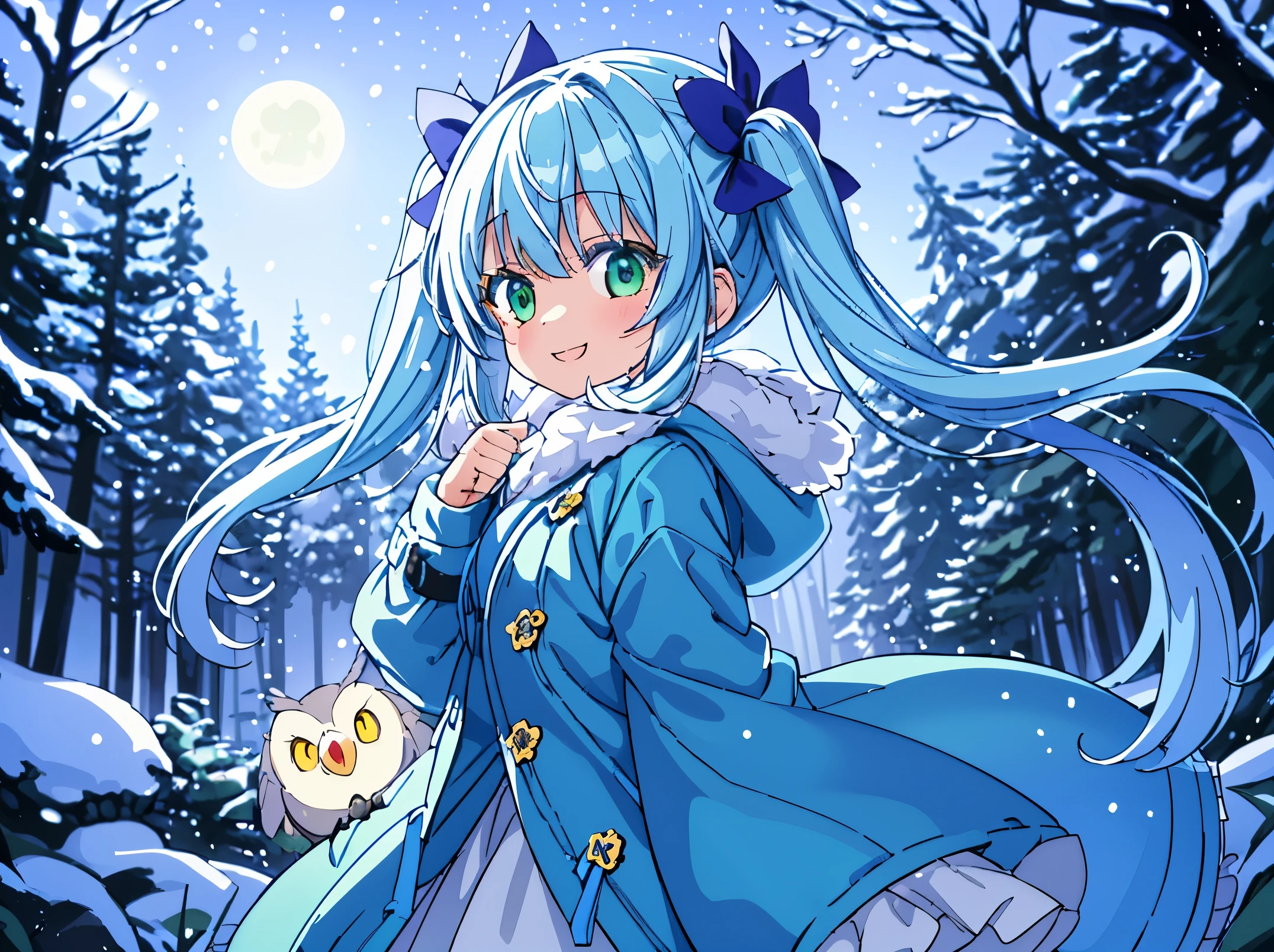 It&#39;s snowing((Some photos)).In the cold winter forest with wind blowing　It&#39;s snowing　Beautiful girl with long light blue hair　twin tails　adorable smile　Warm yellow and green down coat　A big owl watches over the girl　beautiful moonlit night　The stars twinkle