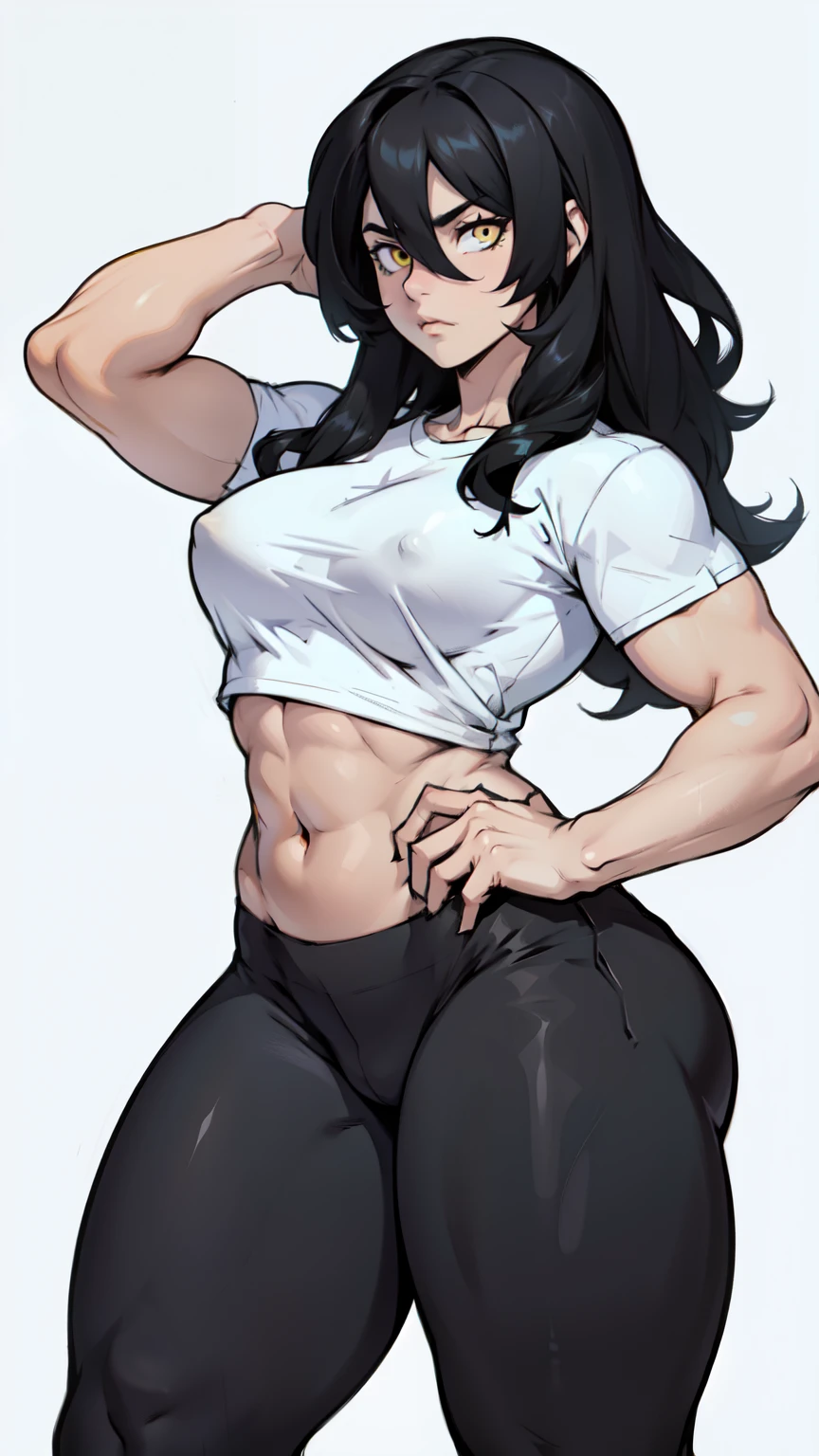 expressionless sad girl muscular girl thick girl pale skin girl black hair girl yellow eyes girl skindentation midriff navel abs breasts girl long hair hair between eyes leggings tight shirt (thick thick)